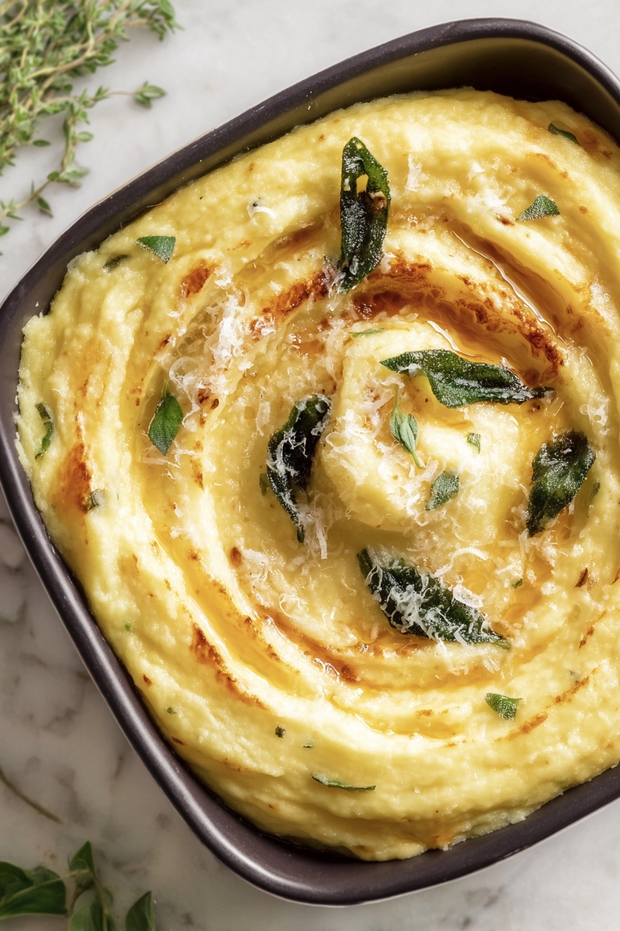 The image shows a white bowl filled with creamy mashed potatoes that have a smooth, light yellow color and soft texture. The mashed potatoes are shaped in swirls covering the entire bowl, with a drizzle of brown butter or oil forming a spiral on top. Fried sage leaves, dark green and crispy, are scattered on the surface, and there is a light sprinkling of finely grated white cheese over the dish. The bowl is set on a white marbled surface with a green cloth partially visible on the side. Photo taken with an iphone --ar 2:3 --v 7