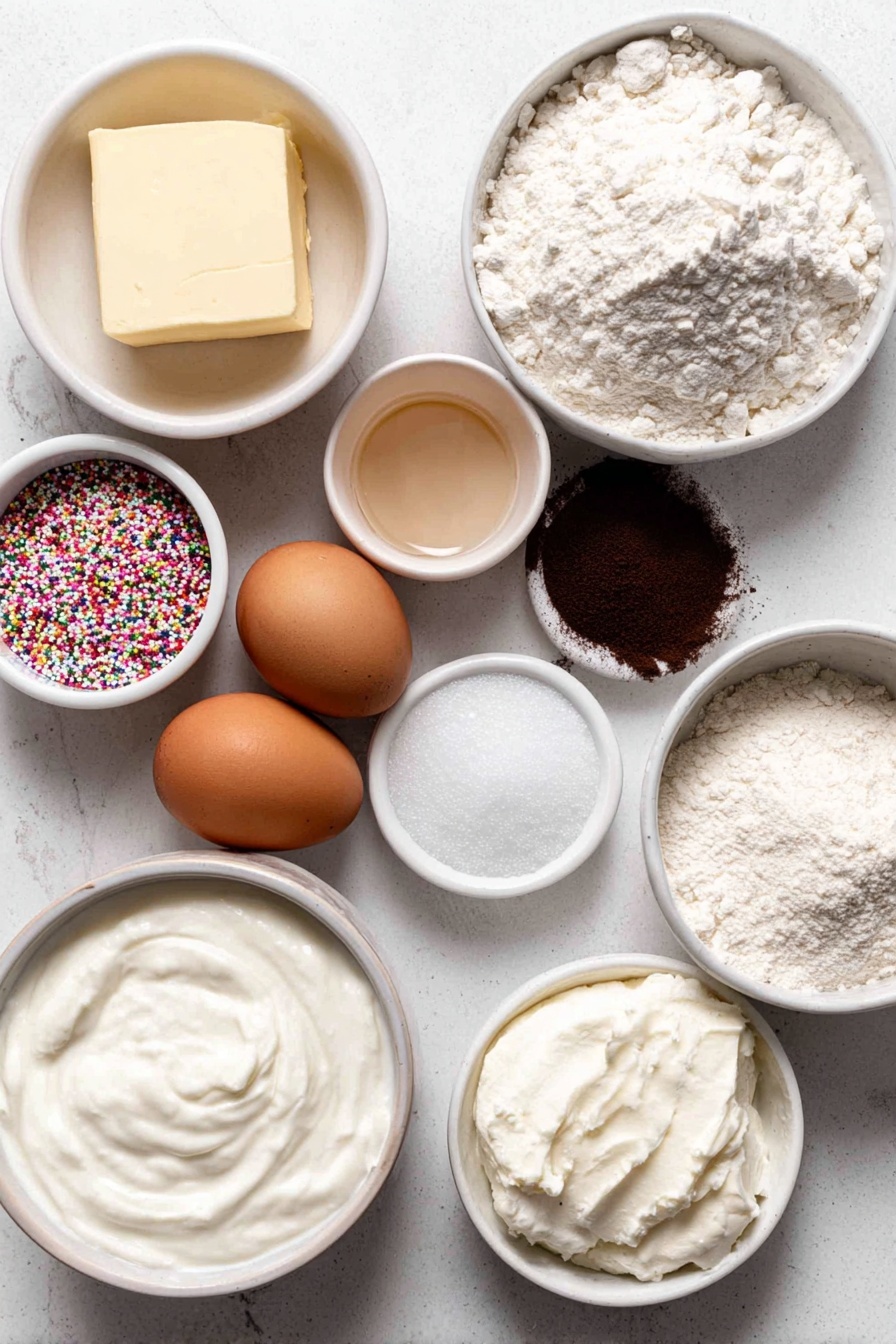 Flat lay of a small mound of unsalted butter, a white ceramic bowl of granulated sugar, a small white bowl with translucent vanilla extract, three whole brown eggs with clean shells, a small white bowl of thick sour cream, a small white bowl filled with whole milk, a neat pile of all-purpose flour, a small mound of baking powder powder, a pinch of baking soda powder, a small heap of salt crystals, a sprinkle of ground cinnamon powder, a small white bowl heaped with colorful Christmas sprinkles, a small white bowl of powdered sugar, a small white bowl with heavy cream, placed on a clean white marble surface, soft natural light, photo taken with an iPhone, professional food photography style, fresh ingredients, white ceramic bowls, no bottles, no duplicates, no utensils, no packaging --ar 2:3 --v 7 --p m7354615311229779997