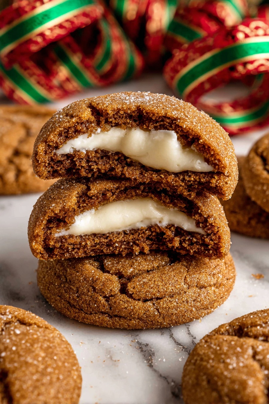 The image shows a stack of three soft, brown cookies with a cracked surface, each with a thick white cream filling visible inside, layered one on top of the other. The cookies have a slightly rough texture with sugar crystals on them. Around the stack, there are more whole cookies with the same brown color and sugar texture. Colorful holiday ribbons with red, green, and gold patterns are scattered in the background on a white marbled surface. Photo taken with an iphone --ar 2:3 --v 7