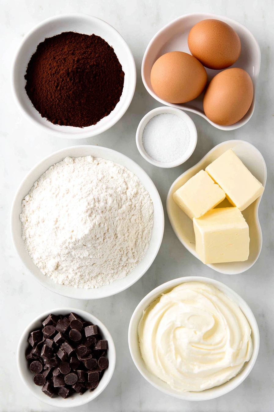 Flat lay of a small mound of all-purpose flour on a simple white ceramic plate, a small white ceramic bowl filled with rich Dutch process cocoa powder, a small white ceramic bowl of fine white granulated sugar, a small white ceramic bowl containing packed light brown sugar, two whole brown eggs with smooth clean shells, a chunk of softened unsalted butter on a white ceramic dish, a small white ceramic bowl holding glossy semi-sweet chocolate chips, a small white ceramic bowl filled with thick heavy whipping cream, and a vanilla bean pod placed neatly beside the bowl of eggs, arranged in perfect symmetry on a clean white marble surface, soft natural light, photo taken with an iPhone, professional food photography style, fresh ingredients, white ceramic bowls, no bottles, no duplicates, no utensils, no packaging --ar 2:3 --v 7 --p m7354615311229779997