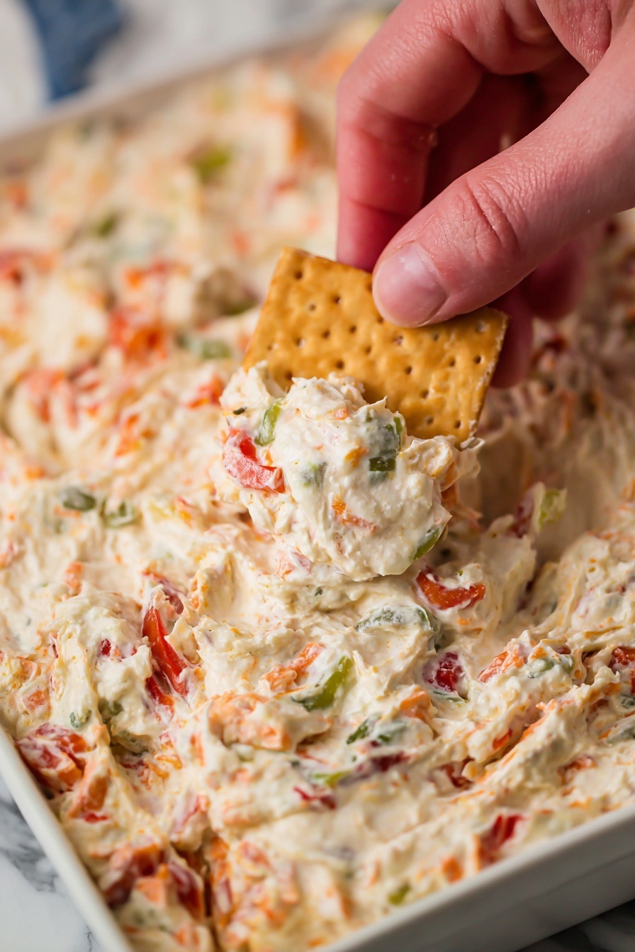 A white plate on a white marbled surface holds two main snack groups: in the front, there are three light brown, rectangular crackers with a textured surface, each topped with a creamy, soft cheese spread that contains small chunks of red and green bits mixed inside, creating a colorful contrast; behind the crackers is a neat pile of dark golden brown pretzels with a shiny surface and a grid-like pattern. A red textured cloth is partly visible beneath the plate. Photo taken with an iphone --ar 2:3 --v 7