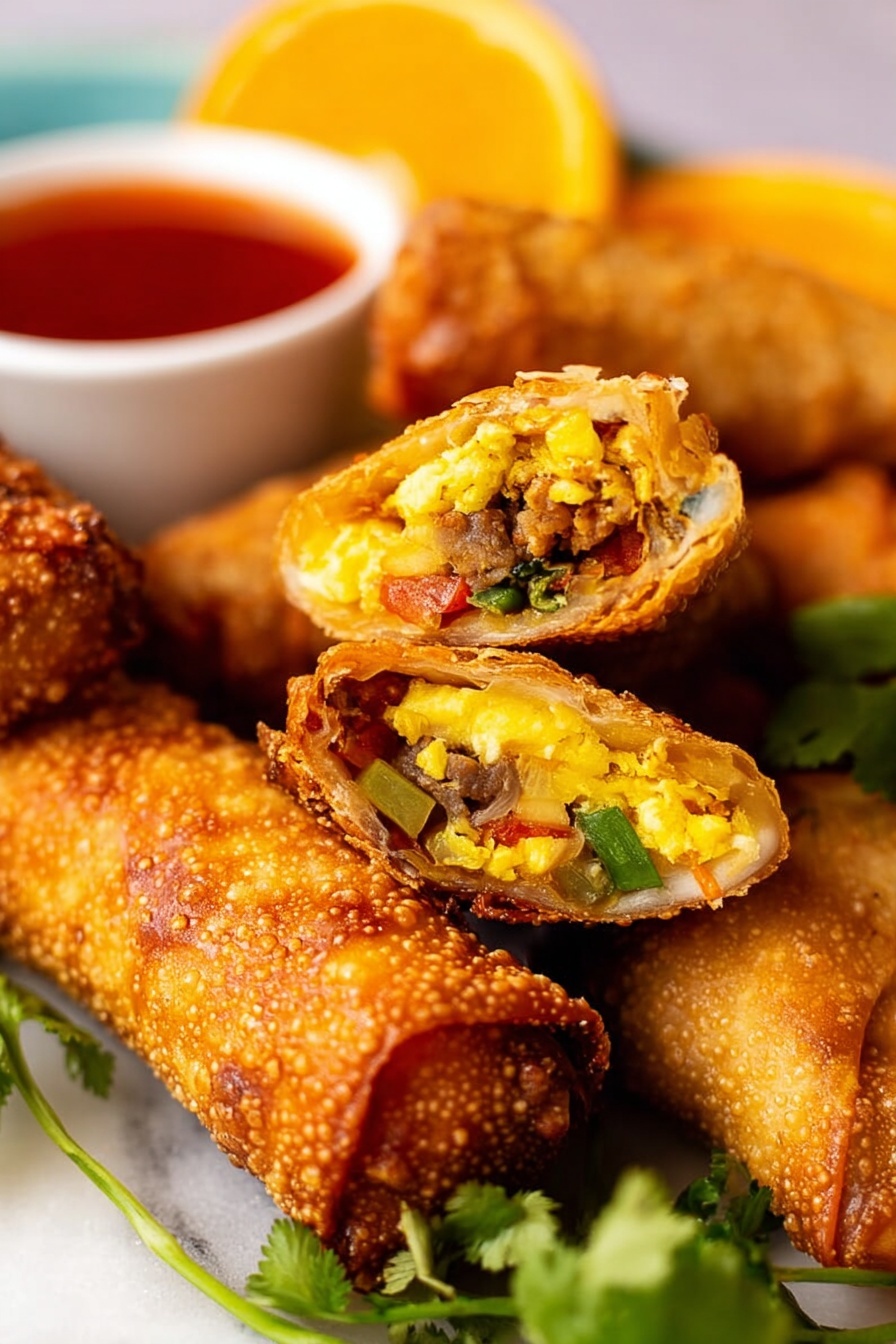 The image shows a close-up of several golden-brown fried egg rolls with a crispy, bubbly texture on the outside. Two egg rolls are cut open to reveal layers inside: a mix of yellow scrambled eggs, light brown ground meat, green bits of vegetables, and some red pieces resembling tomatoes or bell peppers. The egg rolls are placed on a white marbled surface with some green cilantro leaves scattered around for garnish. At the edge of the frame, a small white bowl holds a red dipping sauce, and there is a bright, fresh orange slice in the background providing a pop of color. The photo is taken with an iphone --ar 2:3 --v 7