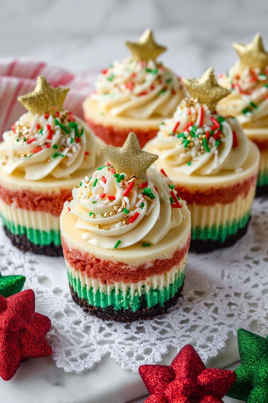The image shows six festive cupcakes on a white lace doily over a white marbled surface. Each cupcake has five layers starting from the bottom with a dark chocolate crust, followed by a cream-colored layer, a bright red middle layer, another cream layer, and a green top layer. The top of the cupcakes is decorated with a large swirl of white frosting sprinkled with red, green, and gold sprinkles. Each has a golden star-shaped candy on top. In the foreground, some red and green Christmas decorations add to the festive feel. photo taken with an iphone --ar 2:3 --v 7