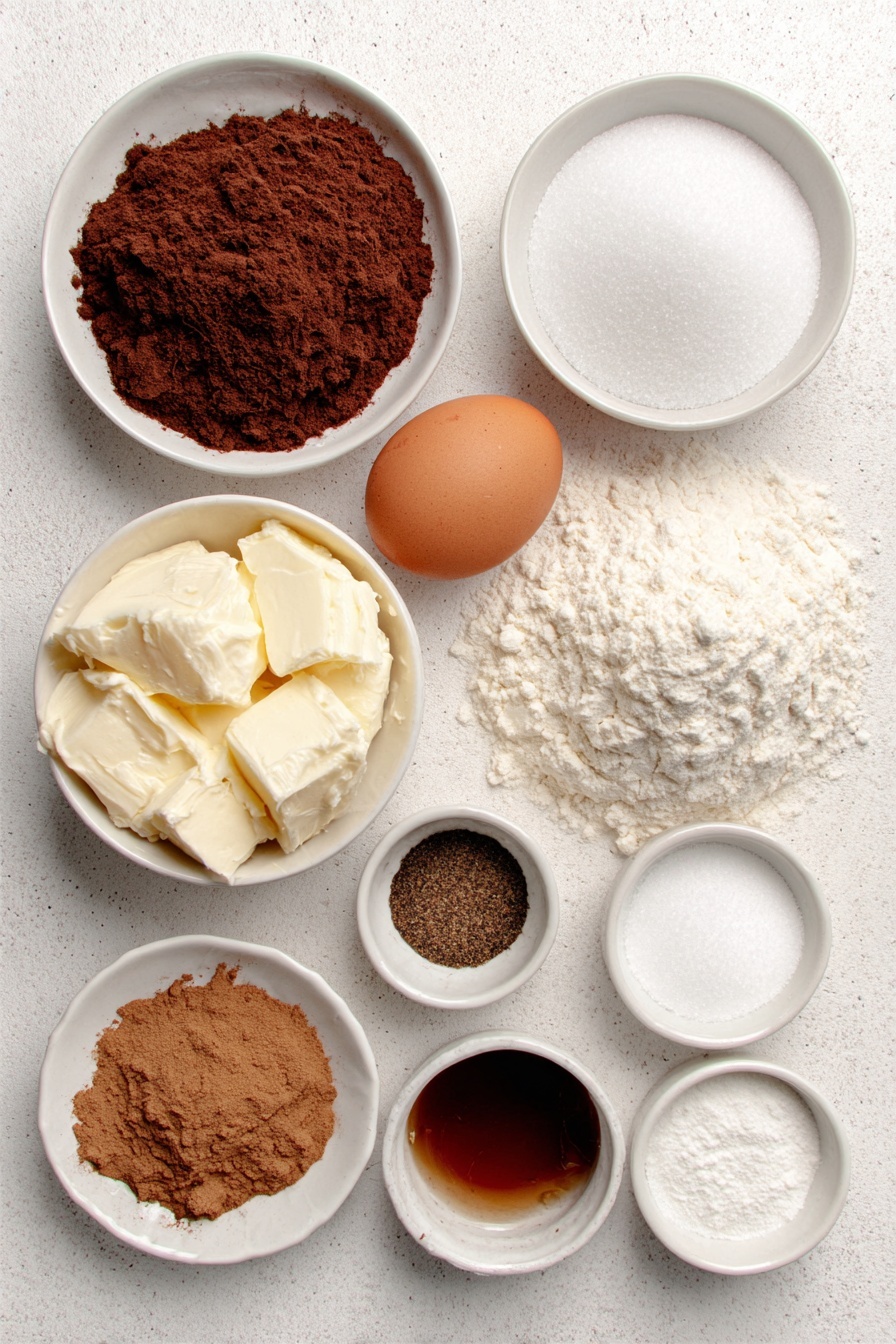 Flat lay of a small mound of soft unsalted butter, a small white ceramic bowl filled with granulated sugar, one whole uncracked brown egg, a small white ceramic bowl with vanilla extract, a small white ceramic bowl holding ground ginger powder, another with ground cinnamon, a tiny white bowl with ground cloves, a small pile of fine salt crystals, a small white bowl with baking powder, a small mound of all-purpose flour dusted lightly with more flour on the surface, a small white bowl of icing sugar, a small white bowl of meringue powder, and a small white bowl of clear water, all arranged symmetrically on a clean white marble surface, soft natural light, photo taken with an iPhone, professional food photography style, fresh ingredients, white ceramic bowls, no bottles, no duplicates, no utensils, no packaging --ar 2:3 --v 7 --p m7354615311229779997