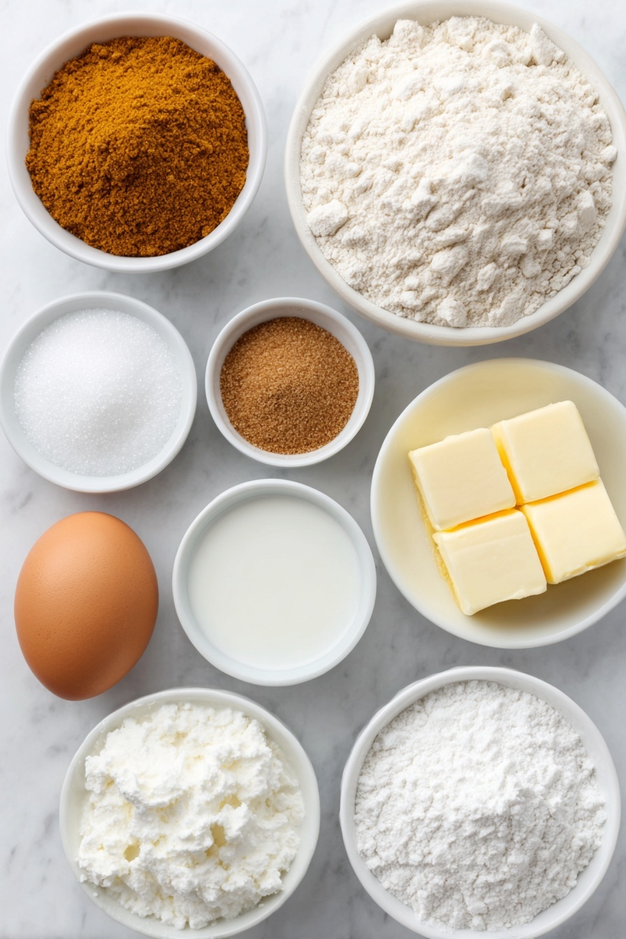 Flat lay of a small white ceramic bowl of bread flour, a small white ceramic bowl of water, a small white ceramic bowl of granulated sugar, a small white ceramic bowl of light brown sugar, a small white ceramic bowl of pumpkin pie spice, a small white ceramic bowl of fine sea salt, a medium white ceramic bowl of pumpkin puree, a whole uncracked large brown egg, three sticks of unsalted butter with a fresh yellow color, a small white ceramic bowl of powdered sugar, a block of cold cream cheese, a small white ceramic bowl of cornstarch, a small white ceramic bowl of heavy cream, a small white ceramic bowl of instant yeast, placed on a clean white marble surface, soft natural light, photo taken with an iPhone, professional food photography style, fresh ingredients, white ceramic bowls, no bottles, no duplicates, no utensils, no packaging --ar 2:3 --v 7 --p m7354615311229779997
