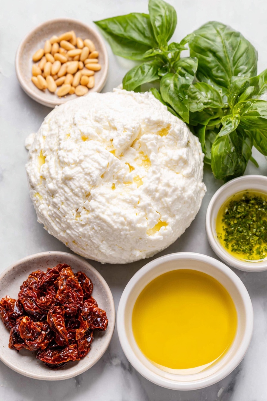 Flat lay of whole fresh ball of sheep’s ricotta cheese, small white ceramic bowl with extra virgin olive oil, pinch of coarse sea salt scattered neatly, a few finely chopped sun-dried tomatoes arranged on a small white plate, handful of golden toasted pine nuts in a white ceramic bowl, fresh vibrant basil leaves spread artistically, small white bowl filled with bright green basil oil, all ingredients placed with perfect symmetry on a clean white marble surface, soft natural light, photo taken with an iPhone, professional food photography style, fresh ingredients, white ceramic bowls, no bottles, no duplicates, no utensils, no packaging --ar 2:3 --v 7 --p m7354615311229779997