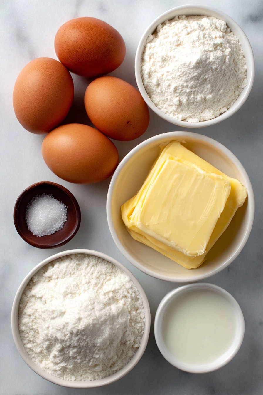 Flat lay of two whole uncracked brown eggs with clean shells, a small white ceramic bowl of lukewarm water, a small white ceramic bowl of warm milk, a small white ceramic bowl of melted unsalted butter, a small white ceramic bowl of granulated sugar, a small white ceramic bowl of fine sea salt, a small white ceramic bowl of instant yeast, a small white ceramic bowl of bread flour, a small white ceramic bowl of flaky sea salt, placed on a clean white marble surface, soft natural light, photo taken with an iPhone, professional food photography style, fresh ingredients, white ceramic bowls, no bottles, no duplicates, no utensils, no packaging --ar 2:3 --v 7 --p m7354615311229779997