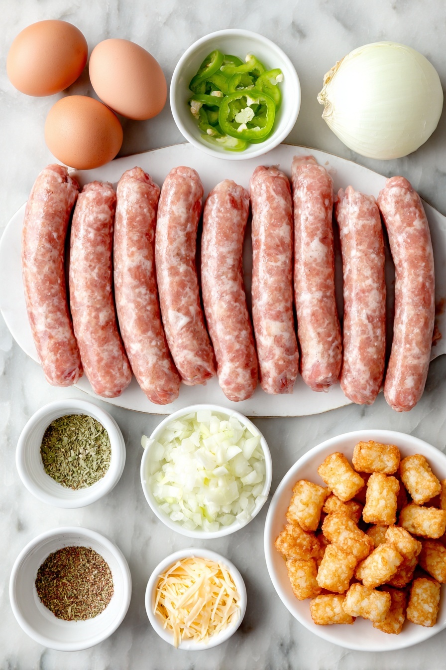 Flat lay of fresh whole pork sausage links, a medium yellow onion diced, one red bell pepper chopped, one green bell pepper chopped, three peeled garlic cloves minced, two small piles of freshly grated sharp cheddar cheese and pepper jack cheese, eight whole uncracked brown eggs, small white ceramic bowl of half-and-half, small white ceramic bowl with diced green chilies, small white ceramic bowl with mixed dried herbs and spices including parsley, paprika, ground mustard, oregano, salt, and pepper, and a pile of frozen golden tater tots, all arranged in perfect symmetry on a clean white ceramic plate and separate white ceramic bowls, placed on a clean white marble surface, soft natural light, photo taken with an iPhone, professional food photography style, fresh ingredients, white ceramic bowls, no bottles, no duplicates, no utensils, no packaging --ar 2:3 --v 7 --p m7354615311229779997