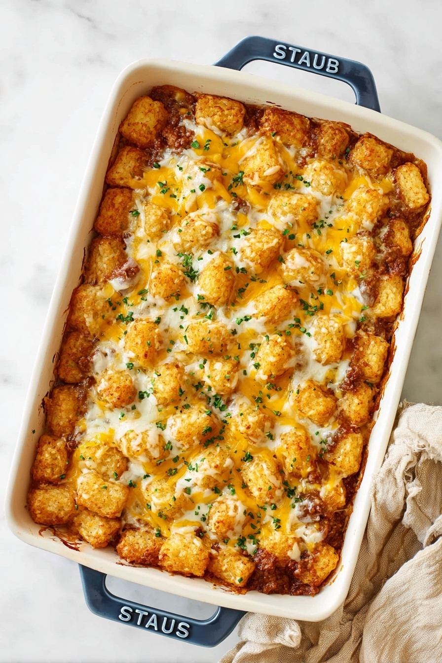 A white rectangular baking dish filled with a golden-brown tater tot casserole, cut into squares. The top layer is made of crispy, browned tater tots with melted yellow and white cheese sprinkled over them, and small flecks of green herbs scattered across. The inside layers show a mix of ground meat and creamy sauce peeking through the edges where one square is missing. The dish rests on a white marbled surface. photo taken with an iphone --ar 2:3 --v 7
