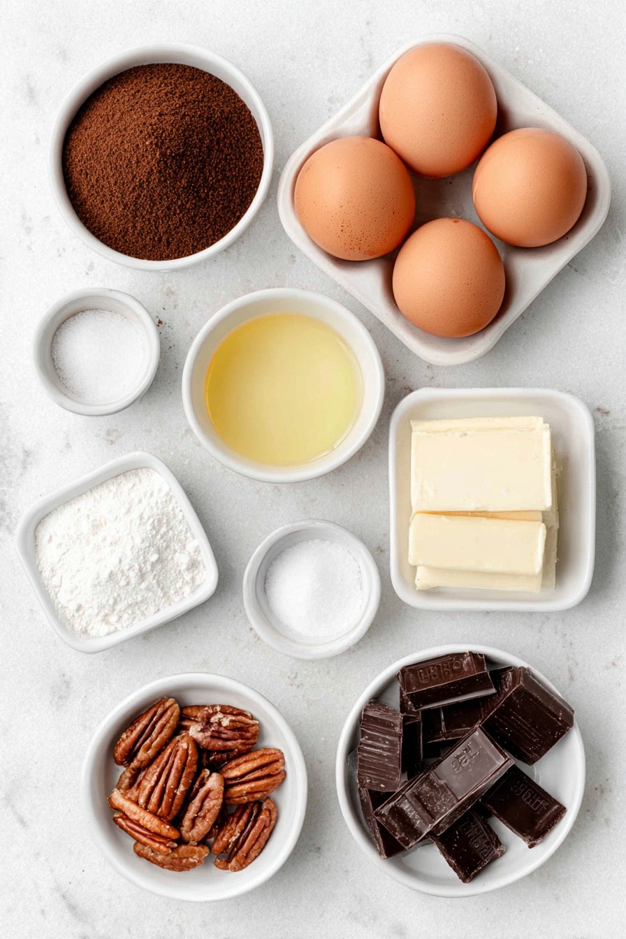 Flat lay of whole brown eggs with clean shells, a small white ceramic bowl of dark corn syrup, a small white ceramic bowl filled with packed dark brown sugar, a small white ceramic bowl of melted unsalted butter, a small white ceramic bowl of vanilla extract, a small white ceramic bowl of salt, a small white ceramic bowl containing ground cinnamon, a small white ceramic bowl with ground cloves, a small white ceramic bowl holding ground nutmeg, roughly chopped raw pecan halves arranged neatly, whole raw pecan halves fanned out in a simple pile, and two small piles of roughly chopped dark and semi-sweet baking chocolate chunks, all placed on a clean white marble surface, soft natural light, photo taken with an iPhone, professional food photography style, fresh ingredients, white ceramic bowls, no bottles, no duplicates, no utensils, no packaging --ar 2:3 --v 7 --p m7354615311229779997