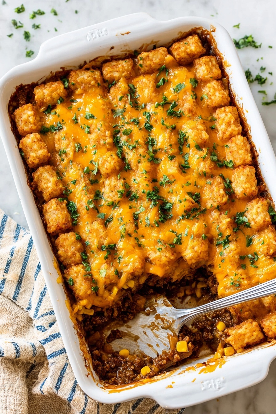 The dish is a layered casserole in a white baking dish on a white marbled surface. The bottom layer is a mix of cooked ground meat with visible yellow corn kernels and green peas, creating a chunky textured base. Above it is a layer of rice mixed with the meat and vegetables. The top layer consists of golden brown tater tots arranged closely together, covered with melted bright orange cheddar cheese that is shiny and slightly bubbly. There are small green parsley pieces sprinkled on top, adding color contrast. A metal serving spoon is scooping one portion from the dish, showing the layers clearly. Photo taken with an iphone --ar 2:3 --v 7