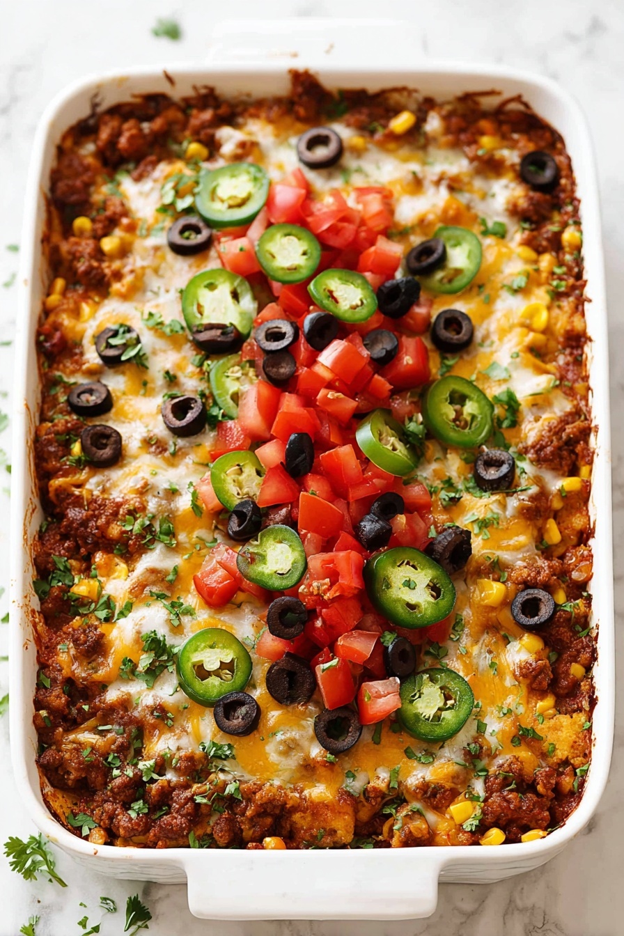 A baked casserole in a white rectangular dish with two handles is shown on a white marbled surface. The dish has three main visible layers. The bottom layer is a dark brown mixture with visible bits of corn and beans. The middle layer shows melted orange and white cheese spread evenly across the dish. The top layer is decorated with diced red tomatoes, sliced black olives, and green jalapeño rounds, with small pieces of green cilantro sprinkled over everything. The edges of the casserole have slightly browned, crispy bits. A beige cloth is partially visible on the right side. photo taken with an iphone --ar 2:3 --v 7