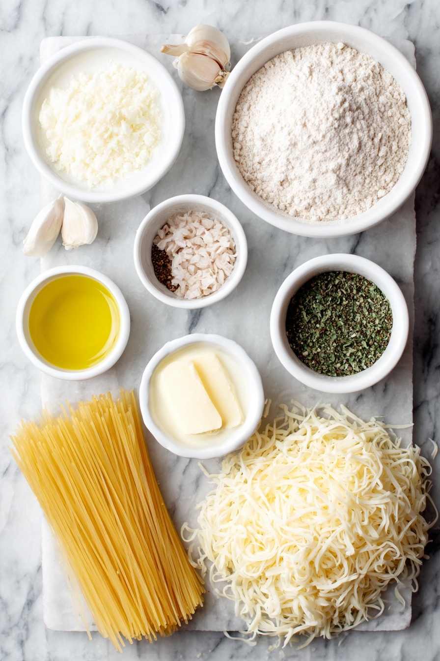 Flat lay of a small bundle of uncooked spaghetti noodles, a few peeled garlic cloves, a small white bowl of golden olive oil, a small white bowl with a pat of creamy butter, a small white bowl filled with fine all-purpose flour, a small white bowl of rich chicken broth, a small white bowl of thick heavy cream, a small white bowl of vibrant fire roasted diced tomatoes with juices, a small white bowl containing mixed dried herbs including parsley, basil, oregano, onion powder, salt, pepper, and red pepper flakes, a small white bowl heaped with freshly grated sharp cheddar cheese, a small white bowl with freshly grated Parmesan cheese, and a neat pile of shredded rotisserie chicken, all arranged symmetrically on a clean white marble surface, soft natural light, photo taken with an iPhone, professional food photography style, fresh ingredients, white ceramic bowls, no bottles, no duplicates, no utensils, no packaging --ar 2:3 --v 7 --p m7354615311229779997