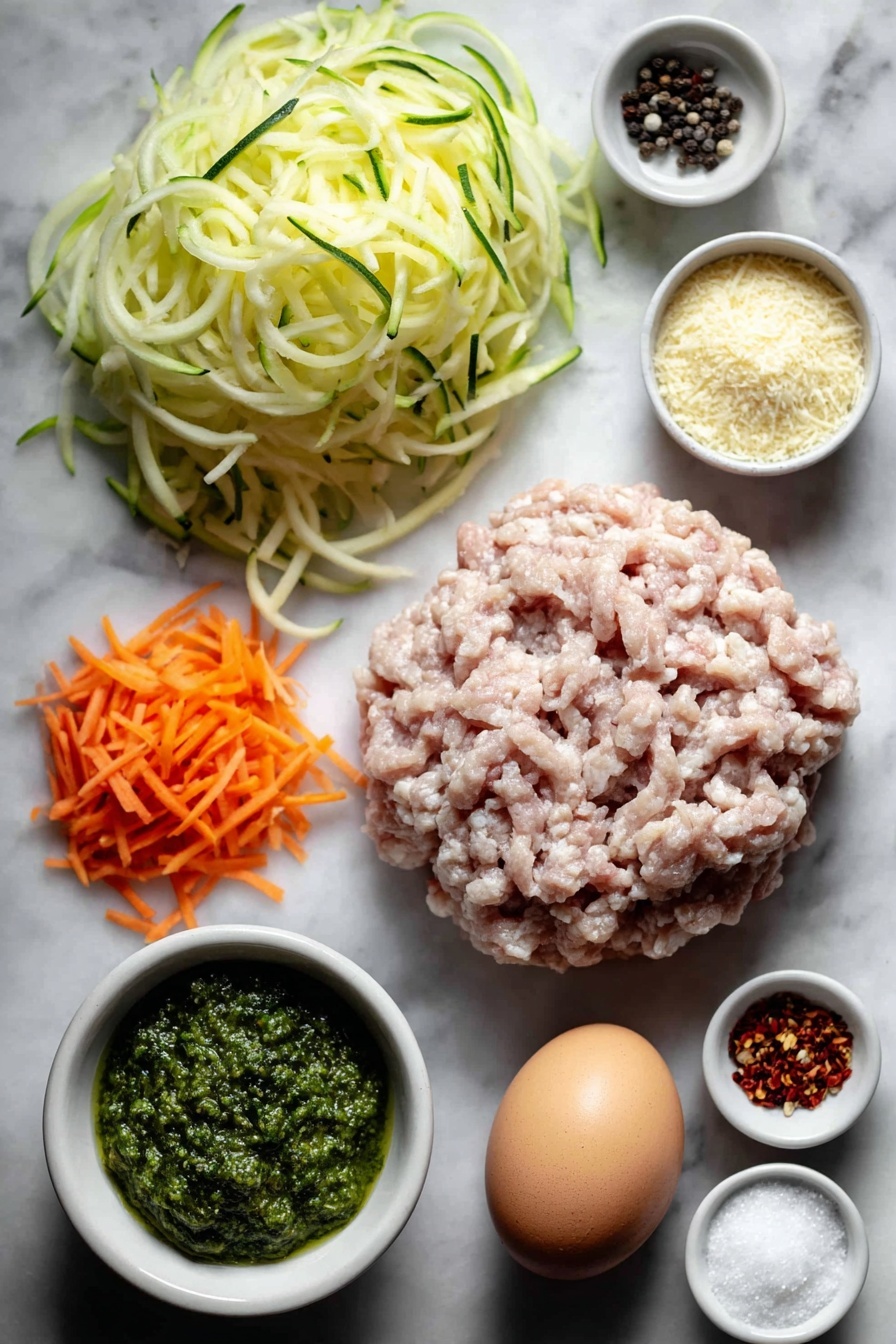 Flat lay of ground chicken shaped into a loose mound, a small pile of fresh grated zucchini, a neat heap of freshly grated bright orange carrot, a small white ceramic bowl filled with vibrant green basil pesto, a single large brown egg with a smooth, uncracked shell, a small white bowl of golden breadcrumbs, a small white bowl holding finely grated pale yellow parmesan cheese, a small white bowl of coarse white salt, a small white bowl of cracked black pepper, a small white bowl containing fine garlic powder, and a tiny white bowl with bright red pepper flakes all arranged in perfect symmetry on a clean white marble surface, soft natural light, photo taken with an iPhone, professional food photography style, fresh ingredients, white ceramic bowls, no bottles, no duplicates, no utensils, no packaging --ar 2:3 --v 7 --p m7354615311229779997