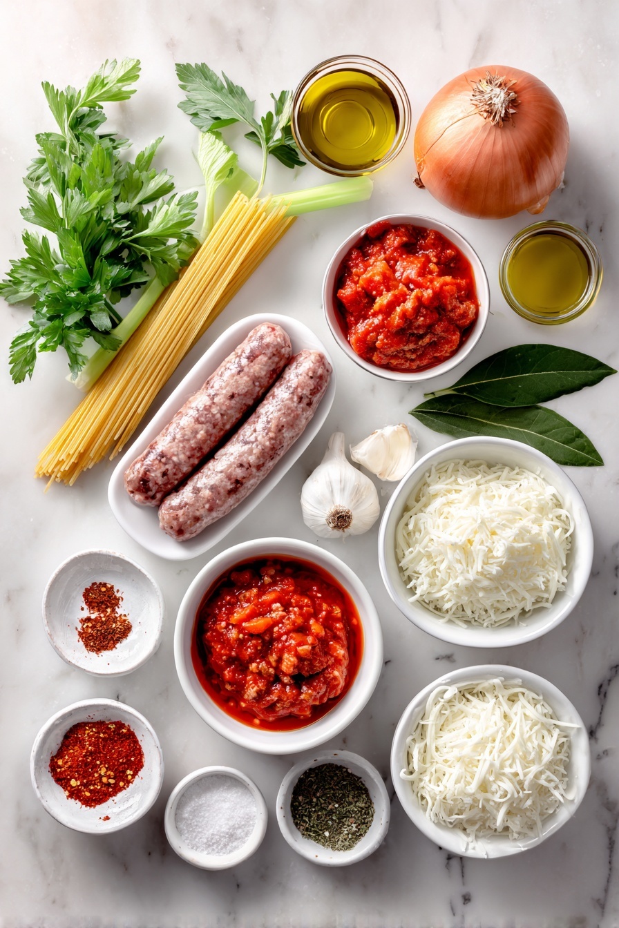 Flat lay of thin uncooked spaghetti nest, a raw Italian sausage link without casing, a small white bowl of olive oil, a whole uncracked brown onion, a fresh orange carrot, a crisp green celery stalk, six peeled garlic cloves, a small white bowl of crushed red chili pepper flakes, two simple white bowls each filled with bright red crushed tomatoes, a small white bowl containing a few broken cubes of brown beef bouillon, a small white bowl of granulated white sugar, small white bowls holding dried basil leaves, dried parsley flakes, dried oregano powder, dried thyme powder, a fresh green bay leaf, a small white bowl of heavy cream, a mound of freshly shredded white mozzarella cheese, a smaller mound of freshly shredded pale Parmesan cheese, a few sprigs of fresh vibrant green parsley placed decoratively, all arranged with perfect symmetry on a clean white marble surface, soft natural light, photo taken with an iPhone, professional food photography style, fresh ingredients, white ceramic bowls, no bottles, no duplicates, no utensils, no packaging --ar 2:3 --v 7 --p m7354615311229779997