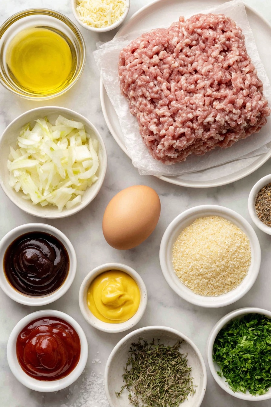 Flat lay of a small white ceramic bowl of golden olive oil, a medium yellow onion finely chopped on a white ceramic plate, a small white bowl filled with peeled garlic cloves minced, a small mound of light golden bread crumbs on a white ceramic dish, a small white bowl containing clear light chicken broth, a small white bowl with finely shredded pale yellow parmesan cheese, a small white bowl with dark reddish-brown Worcestershire sauce, a small white bowl holding bright red ketchup, a small white bowl with smooth pale yellow dijon mustard, a small cluster of vibrant green chopped fresh parsley on a white ceramic plate, a small white bowl with dried pale green thyme leaves, one large whole brown egg with a clean uncracked shell, one large whole egg yolk with a clean uncracked shell beside it, a small white bowl of fine white salt, a small white bowl of freshly ground black pepper, and a mound of raw pinkish ground turkey arranged perfectly symmetrical on a simple white ceramic plate placed on a clean white marble surface, soft natural light, photo taken with an iPhone, professional food photography style, fresh ingredients, white ceramic bowls, no bottles, no duplicates, no utensils, no packaging --ar 2:3 --v 7 --p m7354615311229779997