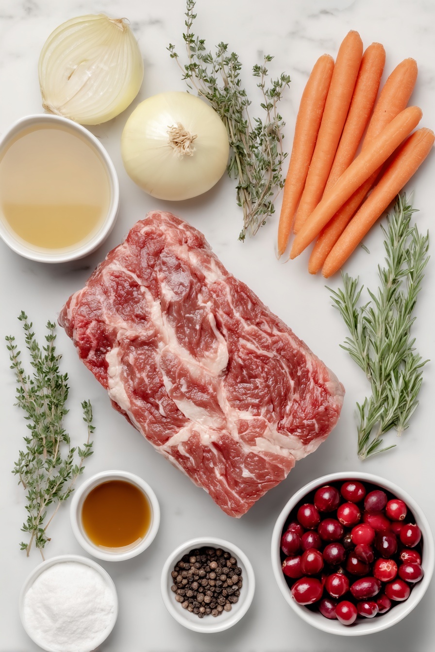 Flat lay of a well-marbled chuck beef roast, two quartered yellow onions, a few smashed garlic cloves, two sprigs of fresh thyme, three sprigs of fresh rosemary, peeled and sliced carrots, a small handful of fresh cranberries, a small white ceramic bowl of dark brown sugar, a small white ceramic bowl of cornstarch, a small white ceramic bowl of water, a small white ceramic bowl of olive oil, a small white ceramic bowl of beef broth, a small white ceramic bowl of balsamic vinegar, a small white ceramic bowl of soy sauce, a small white ceramic bowl of Worcestershire sauce, one teaspoon of salt displayed as coarse crystals, one teaspoon of freshly cracked black peppercorns placed as a small pile — all ingredients arranged symmetrically and naturally, placed on a clean white marble surface, soft natural light, photo taken with an iPhone, professional food photography style, fresh ingredients, white ceramic bowls, no bottles, no duplicates, no utensils, no packaging --ar 2:3 --v 7 --p m7354615311229779997