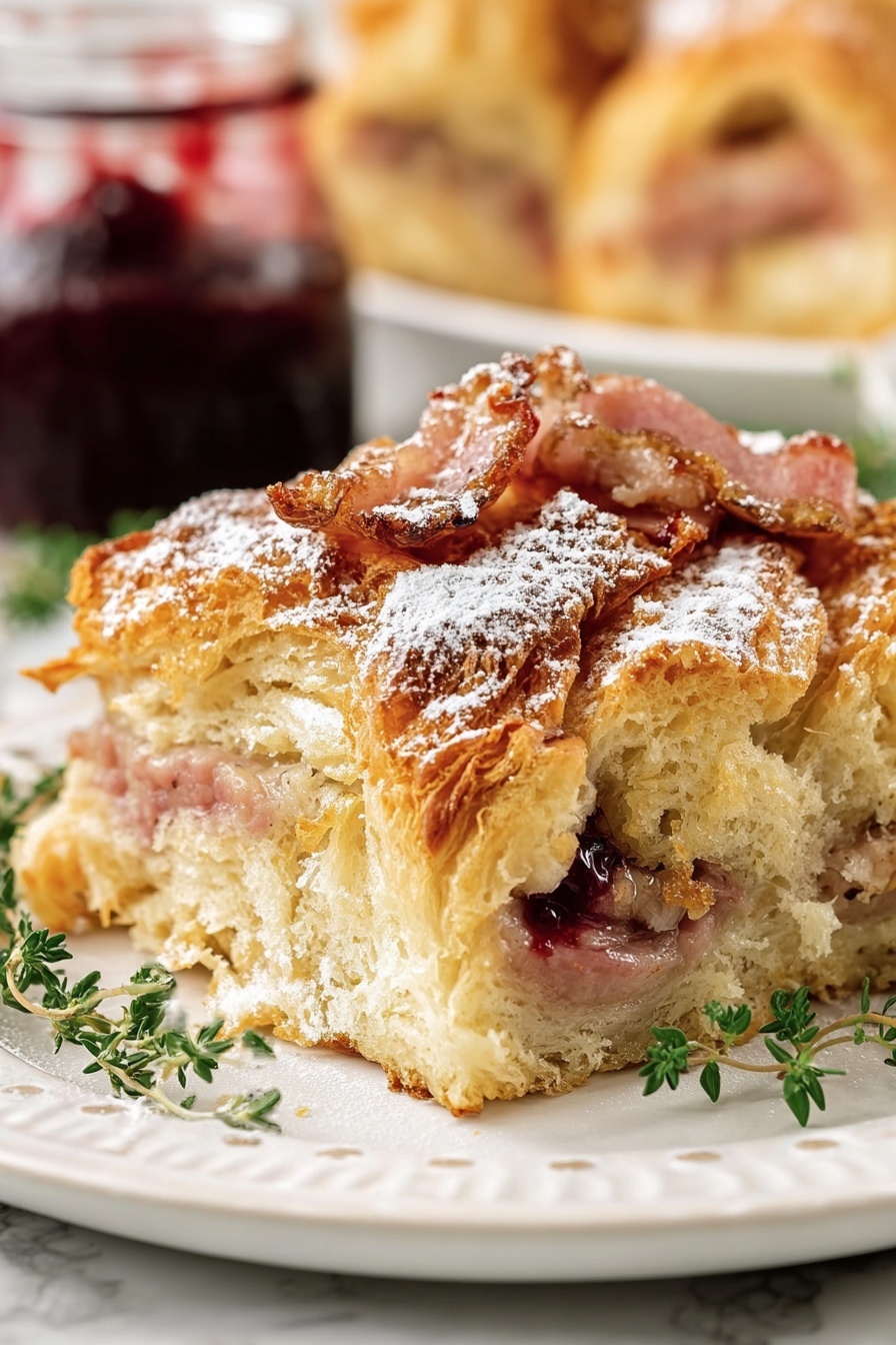The image shows a white rectangular baking dish filled with a layered bread pudding made from torn croissant pieces on top, creating a golden, flaky texture with visible puffed layers. Mixed throughout are slices of pink ham and melted cheese that gives a creamy, slightly browned surface. The inside layers of the pudding reveal soft, soaked bread with ham pieces embedded, showing a mix of light cream and pink colors. The dish is set on a white marbled surface with a green cloth napkin partially visible on the right side. A portion of the pudding has been removed from the front corner, revealing the moist, textured inside. Photo taken with an iphone --ar 2:3 --v 7