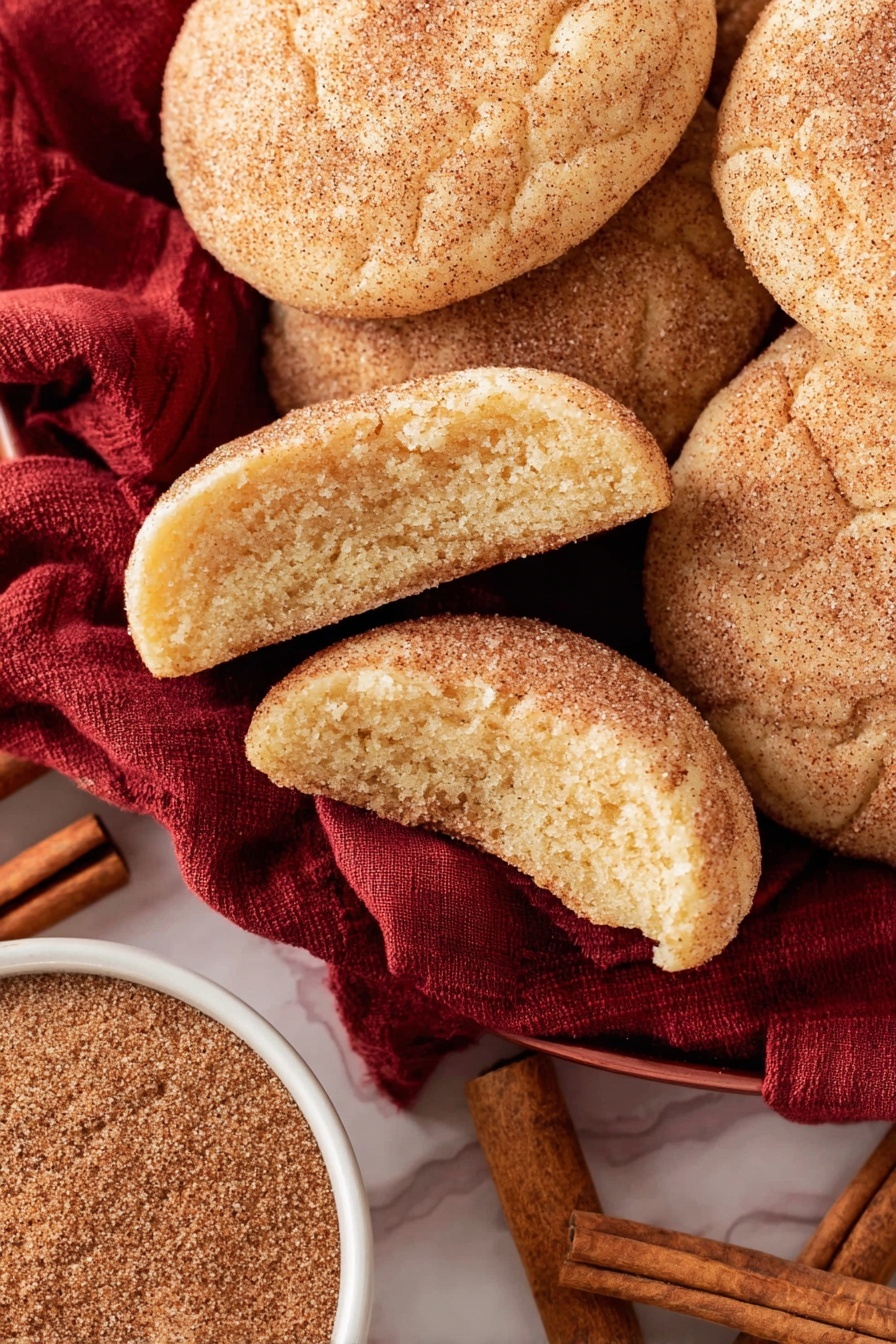The image shows soft round cookies with a rough texture covered in a light layer of cinnamon sugar. One cookie is split in half to show the soft, airy, light tan inside. The cookies rest on a dark red cloth with several cinnamon sticks nearby, adding warm brown tones. At the bottom left, part of a white bowl filled with cinnamon sugar is visible, showing the grainy texture. The background is a white marbled surface. photo taken with an iphone --ar 2:3 --v 7