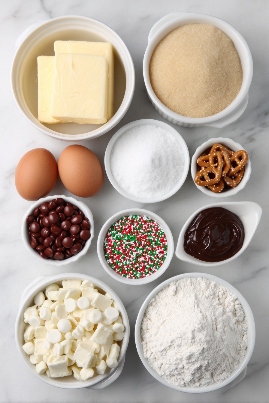 Flat lay of a few chunks of softened salted butter, a small white ceramic bowl filled with light brown sugar, a small white ceramic bowl with granulated white sugar, two whole brown eggs with clean shells, a small white ceramic bowl of vanilla bean paste, a small heap of all-purpose flour, a small pile of baking powder, a small pile of baking soda, a small pile of salt, a small white ceramic bowl of red and green M&M's, a small white ceramic bowl of white chocolate chips, a small white ceramic bowl with pretzel pieces, a small white ceramic bowl filled with potato chip pieces, a small white ceramic bowl holding red and green jimmies placed on a clean white marble surface, soft natural light, photo taken with an iPhone, professional food photography style, fresh ingredients, white ceramic bowls, no bottles, no duplicates, no utensils, no packaging --ar 2:3 --v 7 --p m7354615311229779997