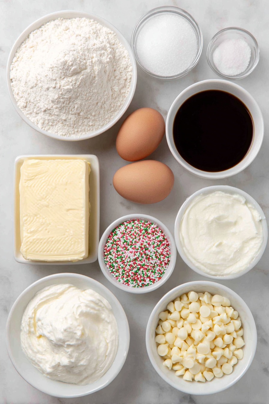 Flat lay of all-purpose flour in a small mound, a small white ceramic bowl with baking soda powder, a small white ceramic bowl with salt crystals, a square of unsalted butter with a room-temperature sheen, a small white ceramic bowl filled with white granulated sugar, a small white ceramic bowl with pure vanilla extract, two whole uncracked large eggs with clean shells, a small white ceramic bowl holding bright multicolored Christmas sprinkle jimmies, a smooth block of cream cheese at room temperature, a small white ceramic bowl filled with sour cream, a small white ceramic bowl with heavy cream, a small white ceramic bowl filled with white chocolate chips, and a small white ceramic bowl holding milk, all arranged symmetrically and balanced on a clean white marble surface, soft natural light, photo taken with an iPhone, professional food photography style, fresh ingredients, white ceramic bowls, no bottles, no duplicates, no utensils, no packaging --ar 2:3 --v 7 --p m7354615311229779997