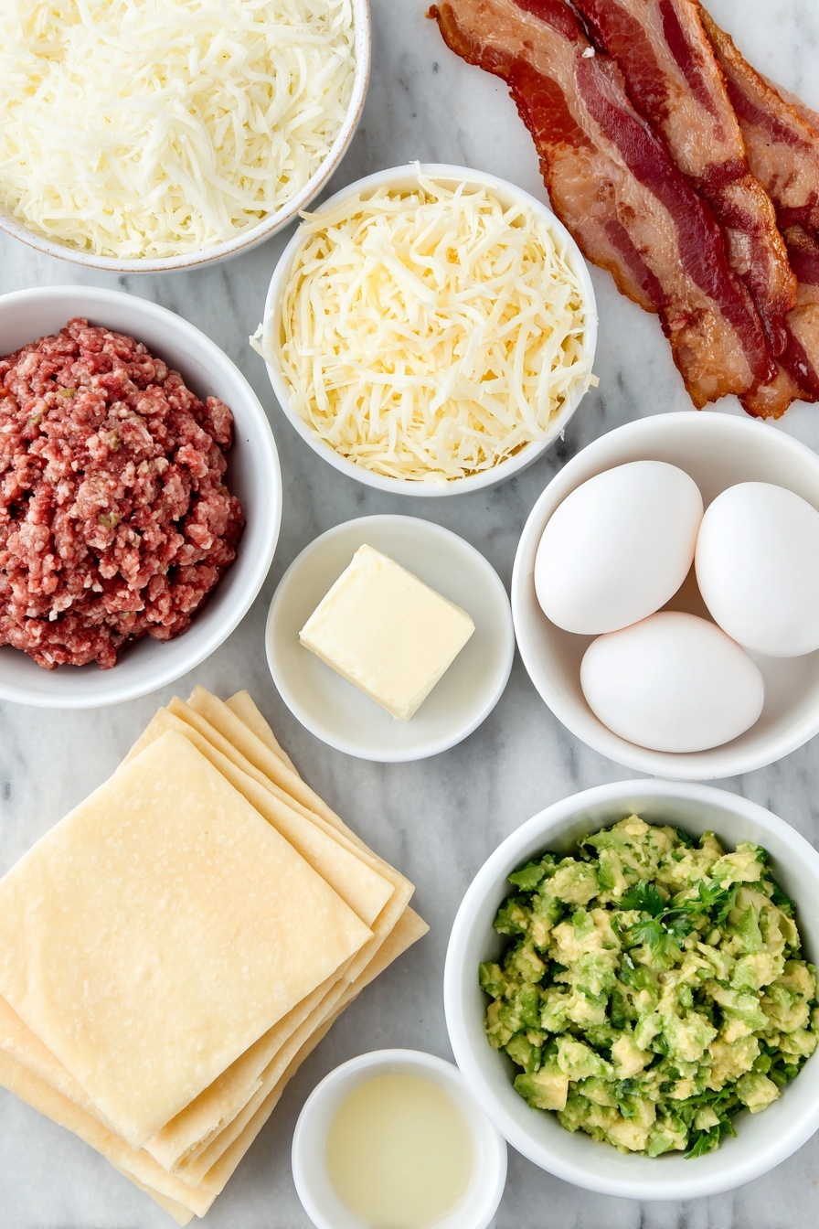 Flat lay of a small pat of unsalted butter, a mound of fresh raw breakfast sausage, a small russet potato finely grated, six large whole eggs with clean shells, a small white ceramic bowl of shredded sharp cheddar cheese, four cooked and chopped crispy bacon slices arranged neatly, a small white ceramic bowl of finely chopped fresh avocado, a neat stack of pale yellow square egg roll wrappers placed symmetrically, and a small white ceramic bowl with light vegetable oil, all arranged in perfect symmetry on a clean white marble surface, soft natural light, photo taken with an iPhone, professional food photography style, fresh ingredients, white ceramic bowls, no bottles, no duplicates, no utensils, no packaging --ar 2:3 --v 7 --p m7354615311229779997