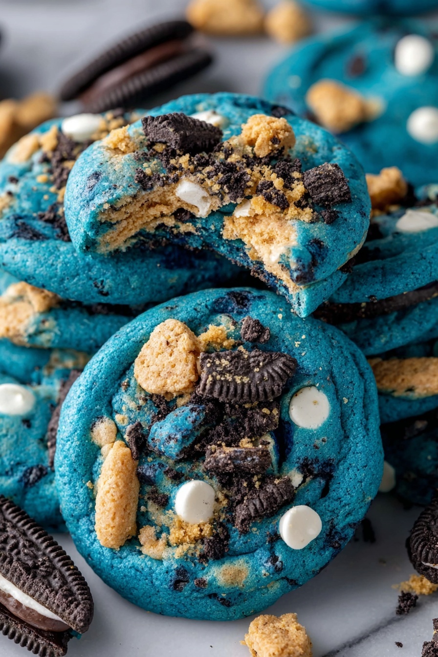 The image shows a close-up of blue cookies stacked on a white plate, resting on a white marbled surface. Each cookie has a textured, vibrant blue base, scattered with pieces of dark chocolate cookie bits, creamy white chocolate chips, and small chunks of golden-brown cookie crumbs. The toppings are unevenly spread and add contrast to the blue base, giving a rich, colorful look. The cookies are piled together, showing the round shape and slightly rough surface texture. photo taken with an iphone --ar 2:3 --v 7