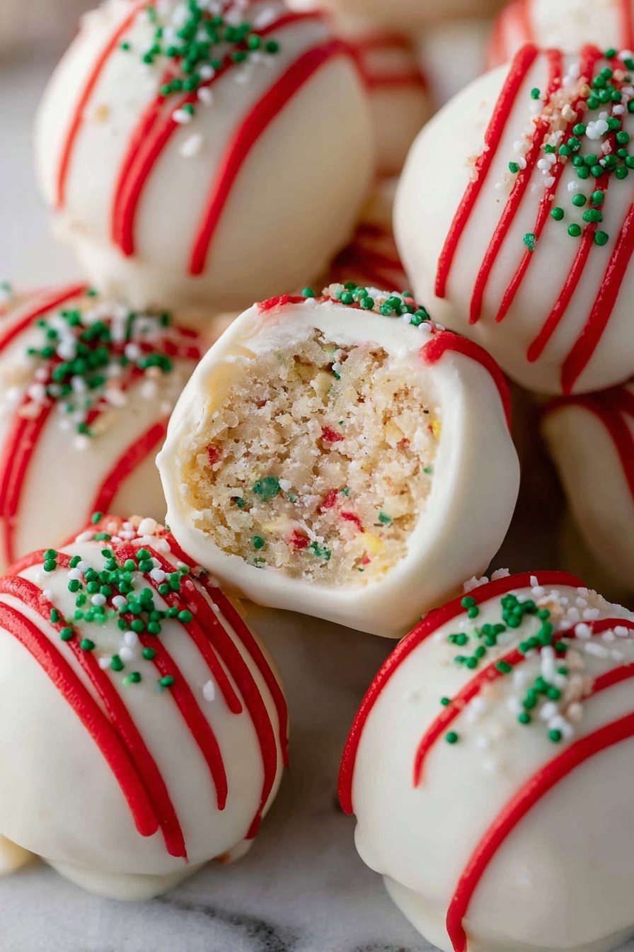 A white speckled oval plate holds nine round treats and one treat shaped like a Christmas tree. Each treat is covered with smooth white icing and decorated with thin wavy red lines across the surface. Small green sprinkles are scattered on top, adding a festive touch. The background has a white marbled texture with some blurry warm lights on the left side. photo taken with an iphone --ar 2:3 --v 7
