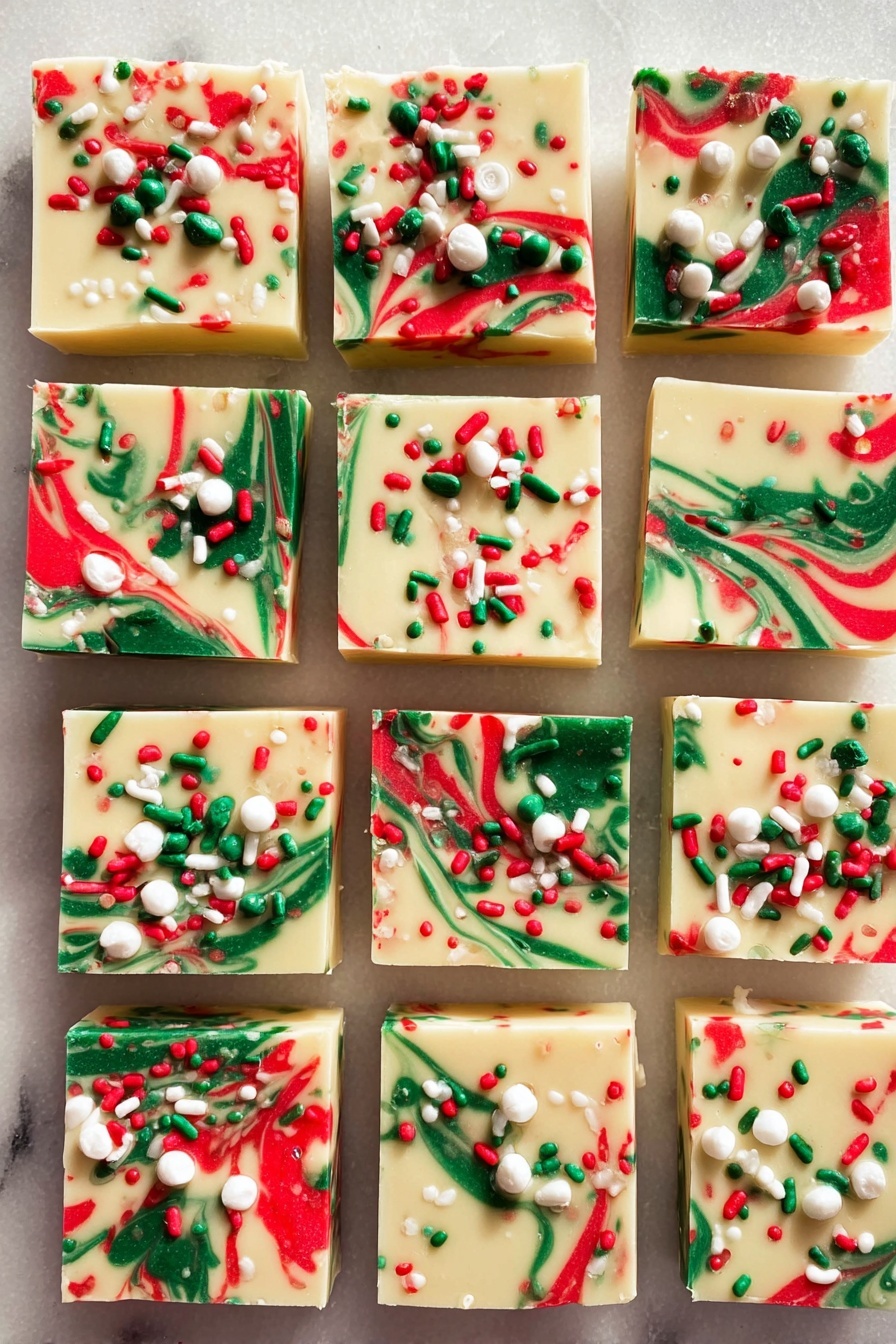 A small square piece of festive candy is held by a woman's hand against a white marbled surface. The candy has two visible layers: a thick bottom layer in bright red and a top layer in creamy white mixed with spots of red. The top layer is covered with colorful sprinkles in red, green, white, and orange, including both round and rod shapes, giving a cheerful holiday look. The candy is glossy with a smooth texture and is resting lightly on a crinkled white paper above a white plate. Photo taken with an iphone --ar 2:3 --v 7