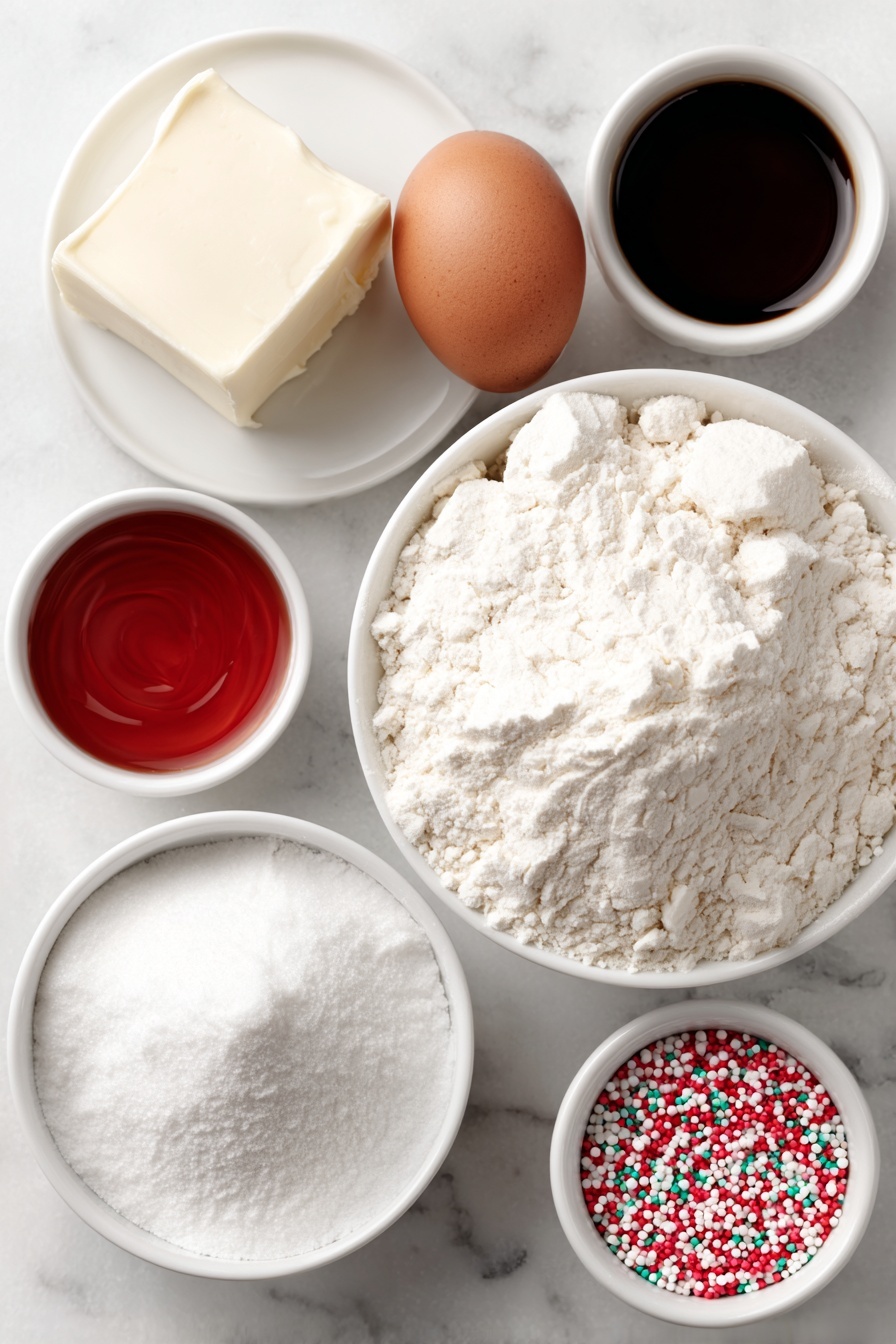 Flat lay of a small white ceramic plate with a square of pale unsalted butter, a small white bowl filled with fine white icing sugar, a whole clean uncracked brown egg, a small white bowl of clear vanilla extract, a small mound of fine white all-purpose flour, a small mound of fine white cornstarch, a small white bowl holding bright red gel food coloring, and a small white bowl filled with colorful round sprinkles, all arranged symmetrically and naturally on a clean white marble surface, soft natural light, photo taken with an iPhone, professional food photography style, fresh ingredients, white ceramic bowls, no bottles, no duplicates, no utensils, no packaging --ar 2:3 --v 7 --p m7354615311229779997
