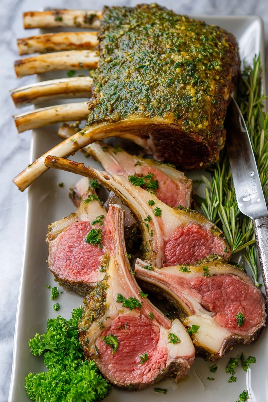 The image shows a white rectangular plate with a rack of lamb. The rack has eight ribs, with the meat topped with chopped green herbs and spices, giving a rough texture on top. In front of the rack, four cut lamb chops lie flat, showing pink cooked meat inside with a light brown outer edge and a bone attached to each chop. A small bunch of fresh green parsley and sprigs of rosemary sit on the right side of the plate. The plate is on a white marbled surface. photo taken with an iphone --ar 2:3 --v 7