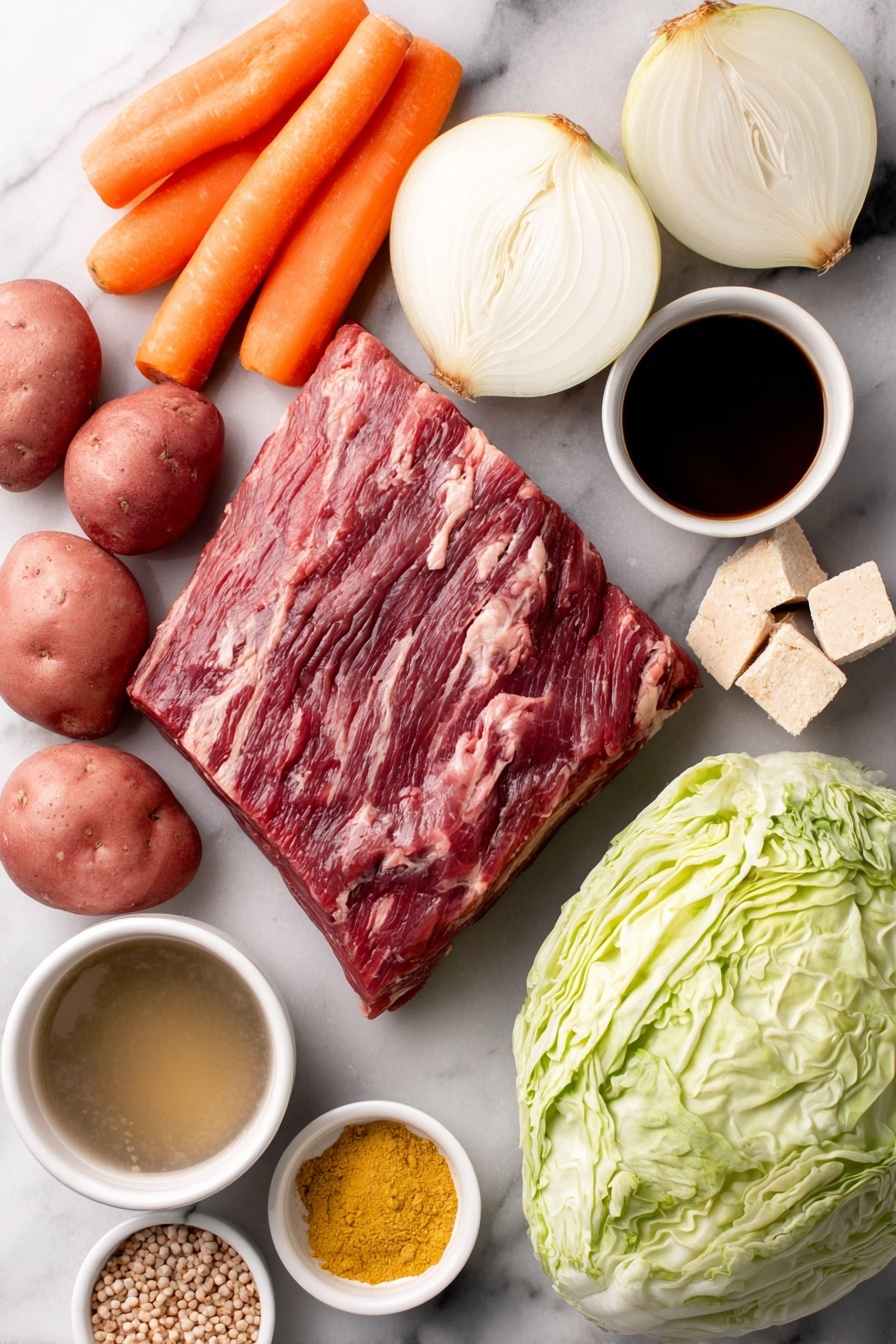 Flat lay of a large piece of fresh corned beef brisket with a deep red color and trimmed fat, a whole round onion sliced in half showing white layers, six peeled and halved red potatoes with smooth skin, two cups of vibrant orange baby carrots, one whole garlic clove peeled and smooth, a small white ceramic bowl containing bright yellow dry mustard powder, a small white ceramic bowl with dark brown Worcestershire sauce, a small white ceramic bowl filled with clear beef broth, a quartered fresh green cabbage with crisp leaves, a small white ceramic bowl holding light brown caraway seeds, and one unopened beef bouillon cube in natural form—all arranged with perfect symmetry on a clean white marble surface, soft natural light, photo taken with an iPhone, professional food photography style, fresh ingredients, white ceramic bowls, no bottles, no duplicates, no utensils, no packaging --ar 2:3 --v 7 --p m7354615311229779997