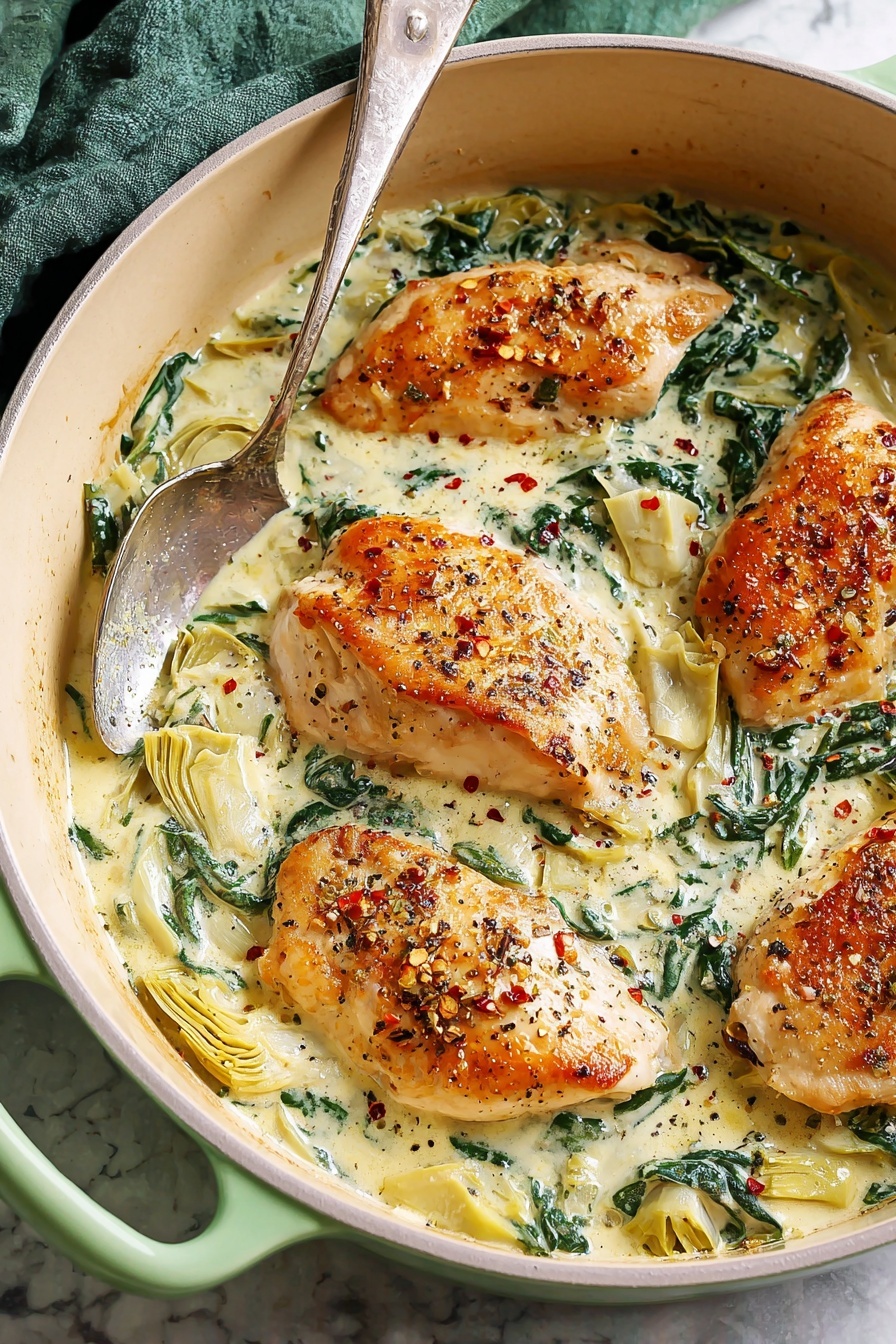 The image shows a light green casserole dish filled with a creamy sauce covered by four golden-brown cooked chicken pieces. The creamy sauce has visible pieces of green spinach leaves and pale artichoke hearts spread evenly around and under the chicken. A silver spoon rests on the left side of the dish, partially dipped in the sauce. The cholesterol table has a white marbled texture in the background with a green cloth partially visible in the upper left corner. The chicken appears slightly seasoned with black pepper and red pepper flakes sprinkled on top photo taken with an iphone --ar 2:3 --v 7