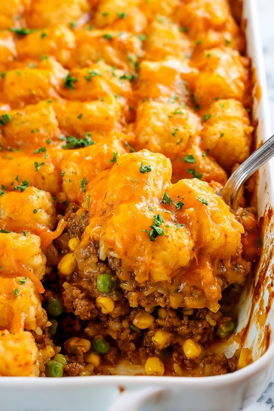 A white rectangular baking dish filled with a layered casserole, the top layer consisting of crispy golden-brown tater tots evenly spread across the surface, melted bright orange cheddar cheese draped over the tater tots, and finely chopped green herbs sprinkled on top as garnish. Underneath, visible layers show a thick, rich brown ground meat and vegetable mixture, including yellow corn. One corner of the casserole is scooped out with a large silver spatula held by a woman's hand, revealing the layers clearly. The dish sits on a white marbled surface with some scattered herbs around it and a beige cloth with blue stripes nearby. Photo taken with an iphone --ar 2:3 --v 7