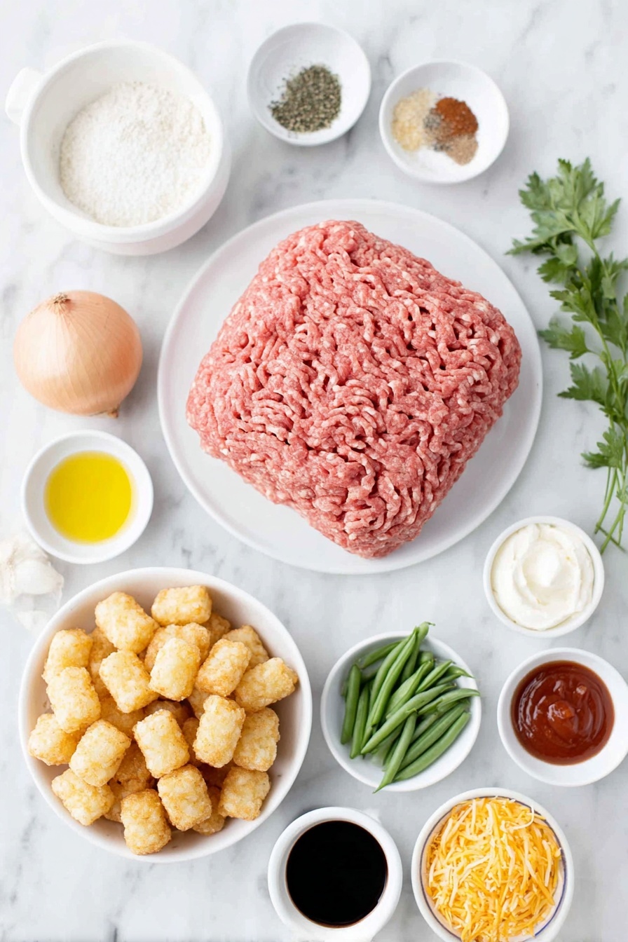 Flat lay of a mound of fresh lean ground beef, a small pool of golden olive oil in a white ceramic bowl, a yellow onion whole and uncut, three uncracked garlic cloves, small white bowls with chili powder, dried parsley, dried thyme, salt, black pepper, and smoked paprika powders, a loose pile of frozen golden tater tots, fresh sprigs of parsley, a white ceramic bowl with pale flour, a white bowl containing light golden chicken broth, another white bowl with fresh whole milk, a small white bowl with dark amber soy sauce, a small white bowl with vibrant red ketchup, a white bowl with dark Worcestershire sauce, a little white bowl with coarse beef bouillon granules, a white bowl with bright yellow Dijon mustard, a neat heap of freshly shredded sharp cheddar cheese, a white bowl holding smooth white sour cream, a small cluster of fresh green beans, a small mound of bright yellow corn kernels, a small pile of petite frozen green peas, all arranged symmetrically on a clean white marble surface, soft natural light, photo taken with an iPhone, professional food photography style, fresh ingredients, white ceramic bowls, no bottles, no duplicates, no utensils, no packaging --ar 2:3 --v 7 --p m7354615311229779997