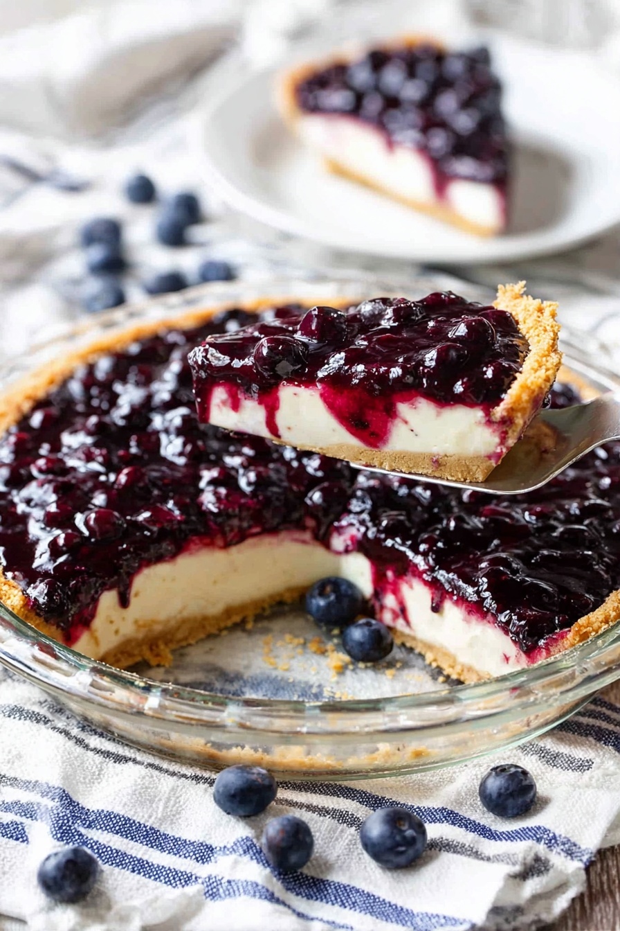 A clear glass pie dish holds a three-layer blueberry cheesecake on a white marbled surface with a striped cloth underneath. The bottom crust is golden brown and crumbly, forming a firm base. Above it is a thick, creamy off-white cheesecake layer with a smooth texture. The top layer is a glossy, deep purple blueberry topping made of whole blueberries and syrup that slightly drips down the sides, adding rich color contrast. A slice has been removed and placed on a white plate in the background, where a woman's hand holds a fork with a bite of the cheesecake. Scattered fresh blueberries surround the dish and plate. photo taken with an iphone --ar 2:3 --v 7