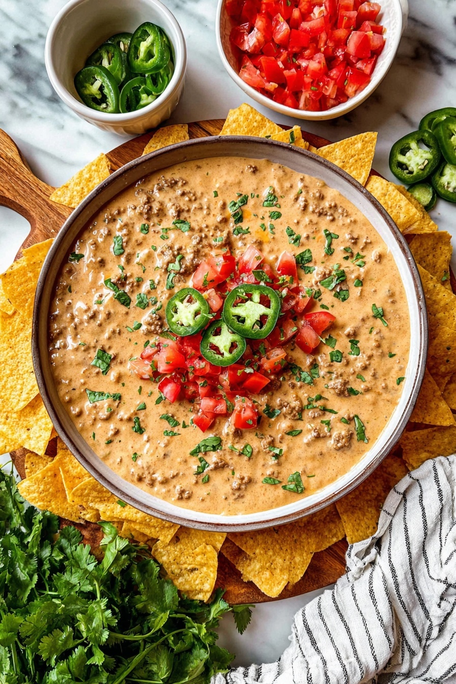 A large bowl filled with thick, creamy cheese dip that has a light brown color with small bits of ground meat mixed throughout. On top of the dip are fresh bright red chopped tomatoes, sliced green jalapeño peppers, and sprinkles of chopped green cilantro leaves. Next to the bowl are white small bowls, one with more chopped tomatoes and one with sliced jalapeños, all placed on a wooden board surrounded by light yellow tortilla chips. Fresh cilantro leaves are spread near the bottom, and a white cloth with thin black stripes is draped on the side, all against a white marbled surface. Photo taken with an iphone --ar 2:3 --v 7