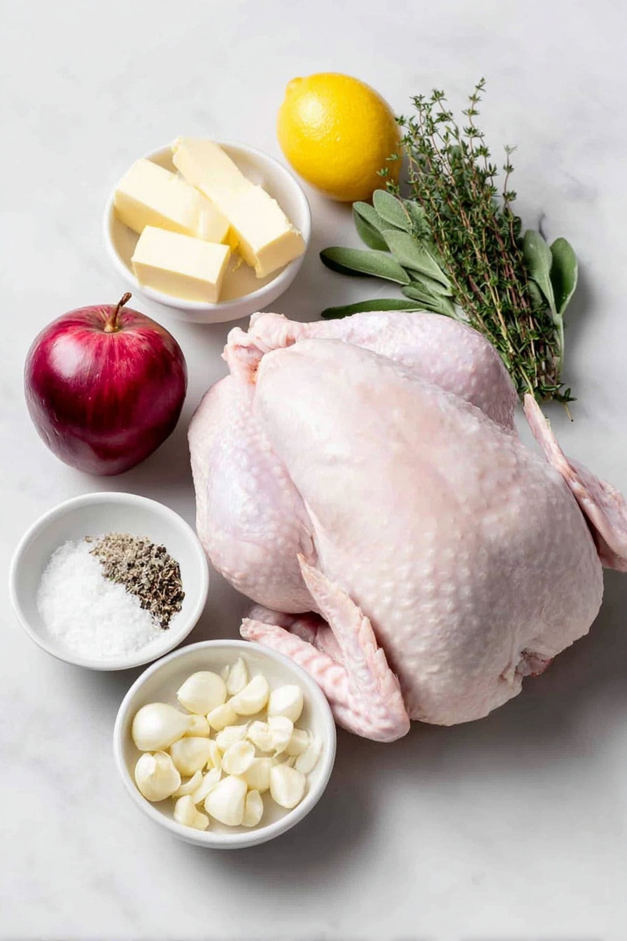 Flat lay of a whole fresh raw turkey with smooth skin, a peeled yellow onion quartered into four wedges, a bright yellow lemon cut into four quarters, a crisp red apple quartered, a small bunch of fresh rosemary sprigs, a small bunch of fresh thyme sprigs, a small bunch of fresh sage leaves, a small white ceramic bowl filled with softened unsalted butter, a small white ceramic bowl of coarse salt crystals, a small white ceramic bowl of freshly ground black pepper, a small white ceramic bowl containing several peeled garlic cloves, and a few sprigs of fresh chopped rosemary, thyme, and sage placed artfully, all arranged symmetrically on a clean white marble surface, soft natural light, photo taken with an iPhone, professional food photography style, fresh ingredients, white ceramic bowls, no bottles, no duplicates, no utensils, no packaging --ar 2:3 --v 7 --p m7354615311229779997