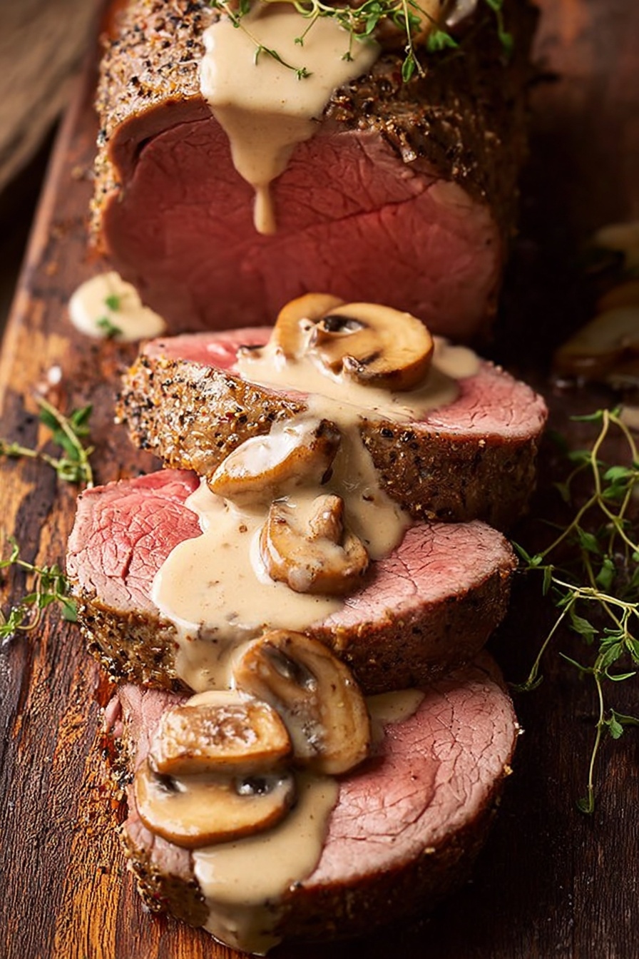 The image shows three thick slices of roast meat placed on a wooden board with the larger unsliced roast behind. Each slice reveals a pink inside with a browned, peppered crust on the outside. A creamy beige mushroom sauce with visible mushroom slices is poured generously over the slices, slightly dripping down the sides. Small green herb sprigs are spread on top of the sauce and meat for garnish. The wooden surface is dark and textured, adding a rustic feel. photo taken with an iphone --ar 2:3 --v 7
