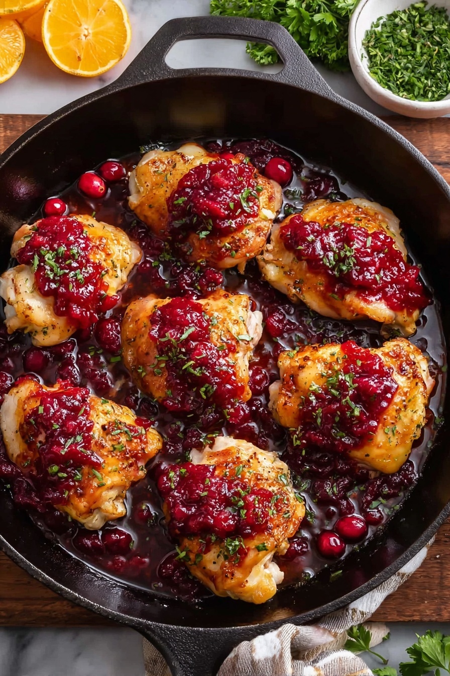 A black cast iron pan holds seven pieces of golden-brown cooked chicken, each topped with bright red cranberry sauce and small green herb sprinkles. The chicken looks crispy on top with a juicy texture under the sauce. In the pan, the sauce pools around the chicken with visible whole cranberries adding texture. Around the pan, there are small orange wedges, green parsley leaves, and a small bowl with chopped green herbs, all set on a white marbled surface. Photo taken with an iphone --ar 2:3 --v 7