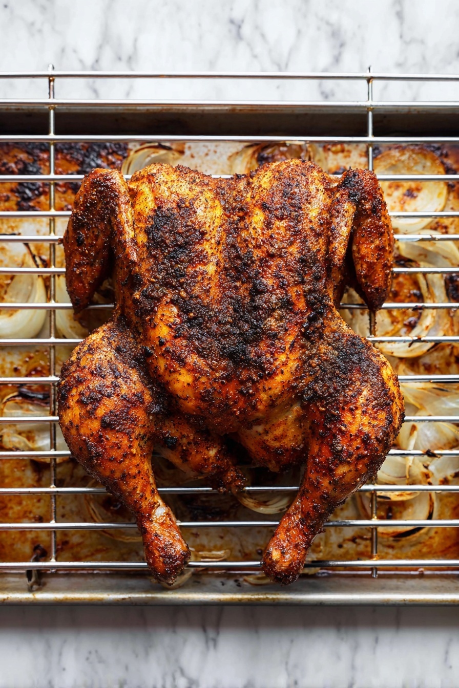 A whole cooked chicken is spread flat on a metal rack placed over a baking tray. The chicken skin is a deep golden brown with dark, crispy spots and is covered with a coarse black and brown spice rub. The wings are tucked close to the body, while the legs are stretched downward. The metal rack has thin horizontal silver bars that lift the chicken above the tray, which shows browned, slightly burnt spots and some cooked onion slices underneath. The background is a white marbled surface. photo taken with an iphone --ar 2:3 --v 7