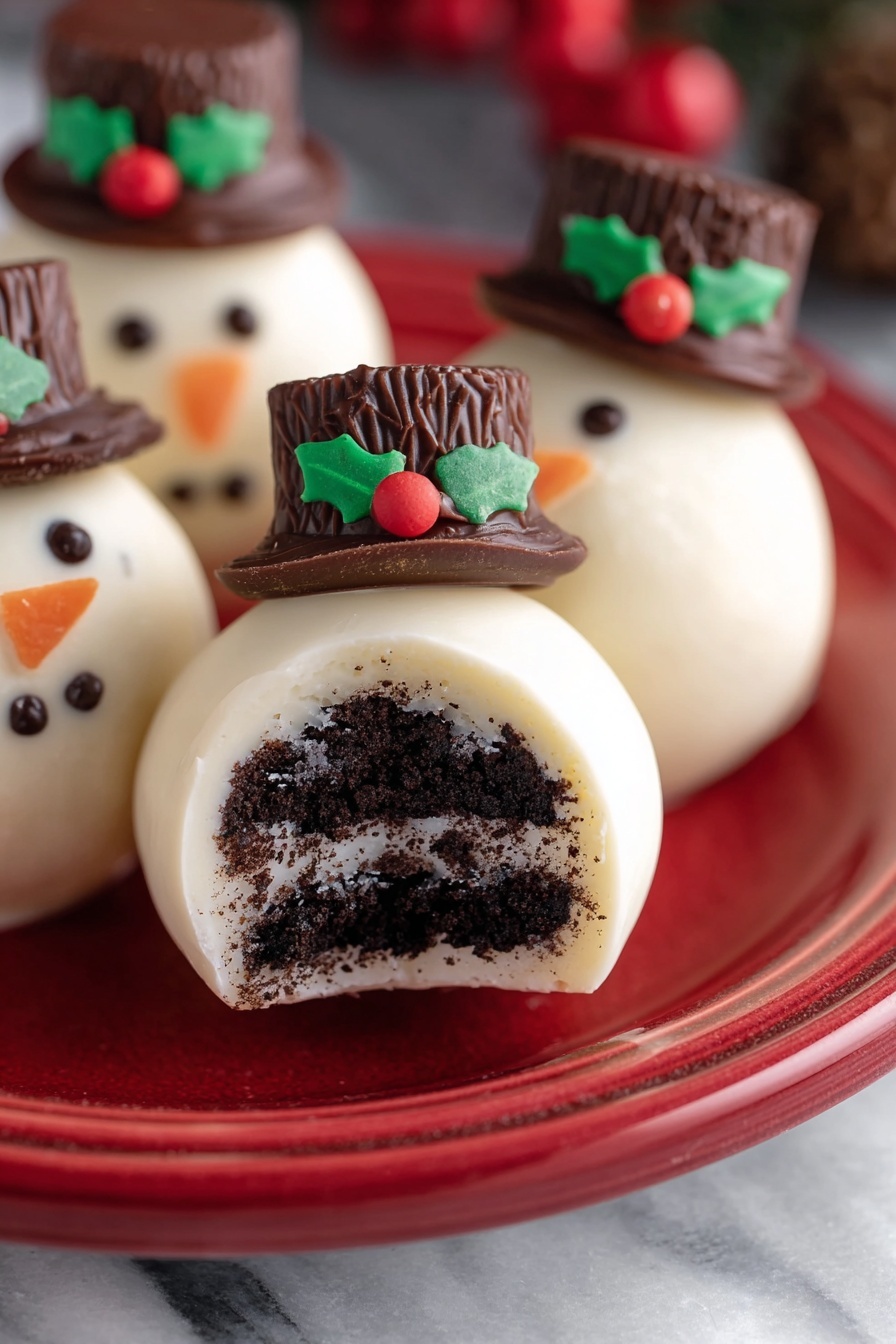 The image shows three small snowman-shaped desserts on a white plate with red stripes. Each snowman has a white smooth frosting body with a face made of small black candy eyes and mouth, and a tiny orange carrot-shaped nose. They all wear a dark brown round hat made from a chocolate cup sitting on a chocolate cookie, decorated with small green holly leaves and a red berry made from icing. One snowman is sliced in half, revealing a dark, rich chocolate cake layer inside the white frosting shell. The background is a white marbled texture with some blurred red and white holiday decorations. Photo taken with an iphone --ar 2:3 --v 7