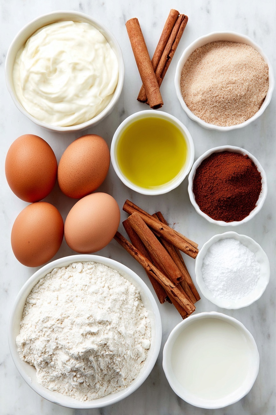 Flat lay of a simple white ceramic bowl filled with creamy whole milk, a small white bowl with golden canola oil, two large brown eggs with clean uncracked shells, a neat mound of light brown sugar next to a pile of fine bread flour, a small white bowl containing ground cinnamon with warm reddish-brown tones, another small white bowl holding ground nutmeg powder, a few sticks of cinnamon arranged naturally, a small white bowl with powdered milk, a small white bowl of fine baking powder, and a small white bowl with smooth vanilla extract liquid, all ingredients fresh and natural, perfectly arranged with balanced symmetry on a clean white marble surface, soft natural light, photo taken with an iPhone, professional food photography style, fresh ingredients, white ceramic bowls, no bottles, no duplicates, no utensils, no packaging --ar 2:3 --v 7 --p m7354615311229779997