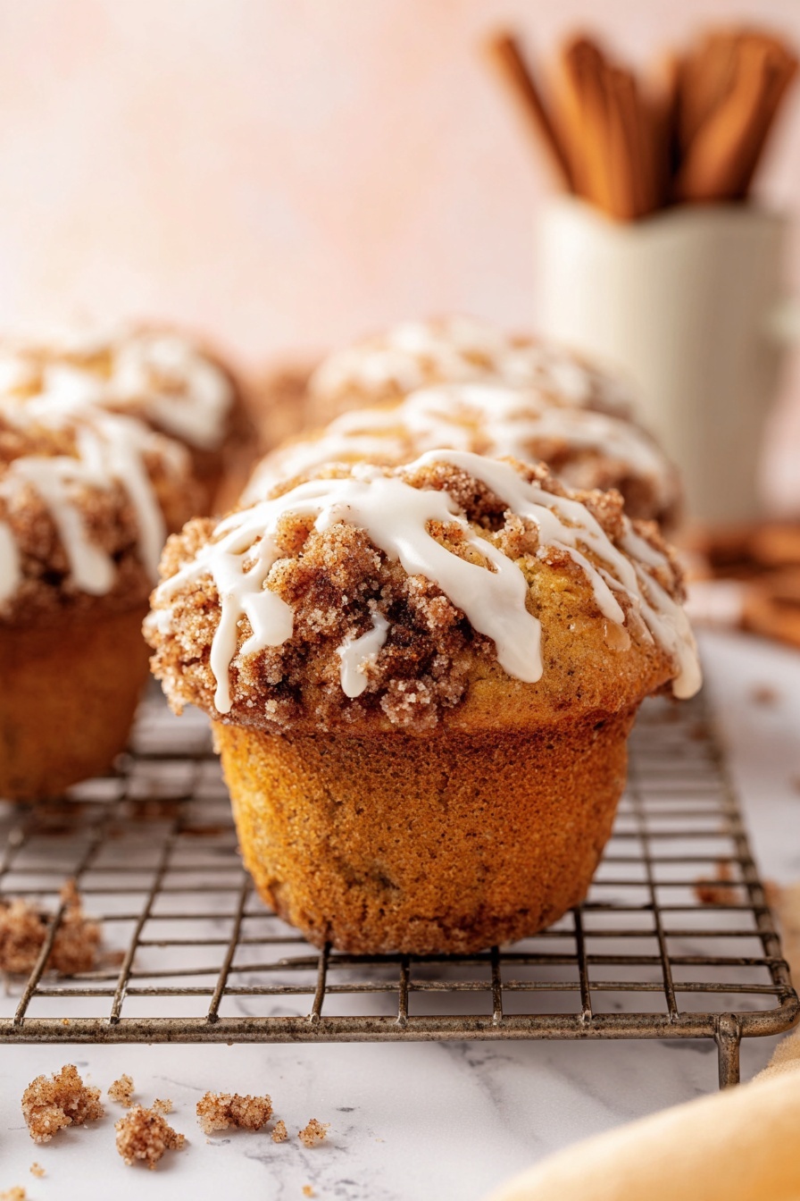 A close-up view of a crumb-topped muffin sitting on a metal cooling rack with a pile of crumbles below it. The muffin has a golden brown base with a crumbly, darker brown streusel top, and white icing drizzled over it unevenly, flowing slightly down the sides. In the background, more muffins with similar toppings appear softly focused. A white marbled surface is underneath, with cinnamon sticks and a small cup filled with cinnamon sticks blurred in the background, and a beige cloth peeks into the lower right corner. Photo taken with an iphone --ar 2:3 --v 7