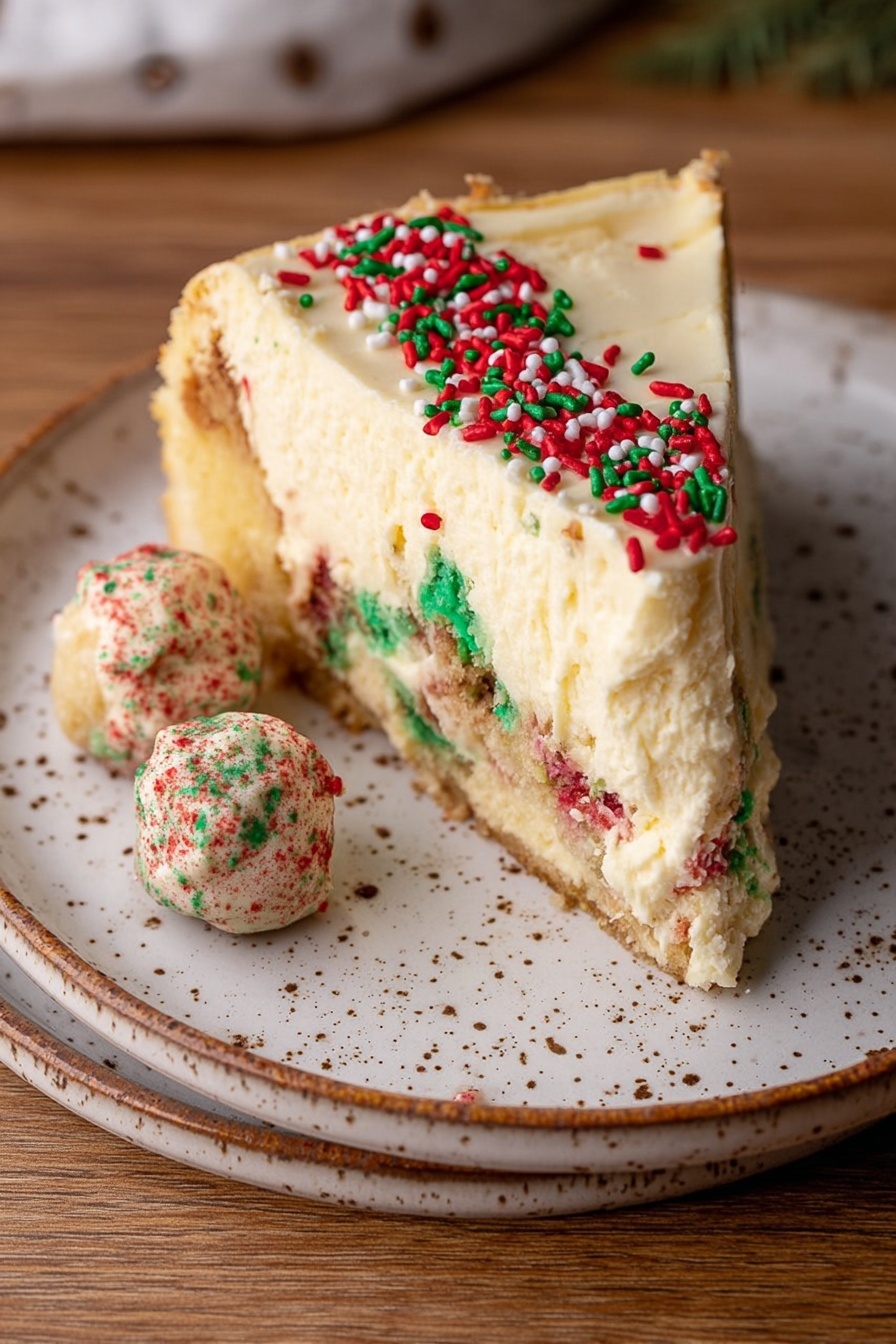 A slice of cheesecake sits on a white plate with brown speckles, placed on a wooden table. The cheesecake has two main layers: a thick, creamy off-white cheese layer on top, and a funfetti cake base with green and red sprinkles visible inside. The side of the cheesecake is decorated with festive red, green, and white sprinkles. Small dough-like balls with sprinkles are placed next to the slice on the plate. Photo taken with an iphone --ar 2:3 --v 7