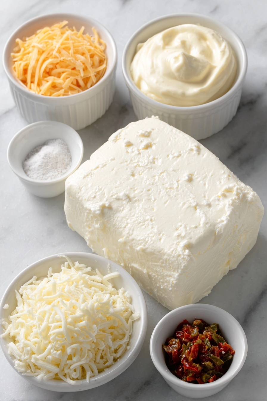 Flat lay of a block of cream cheese, a small white bowl of smooth mayonnaise, a small white bowl of garlic powder, a small white bowl of onion powder, a small white bowl of salt, a small white bowl with chopped tamed jalapeños, a small white bowl with chopped roasted red peppers, a small white bowl filled with shredded white cheddar cheese, all arranged in perfect symmetry on a clean white marble surface, soft natural light, photo taken with an iPhone, professional food photography style, fresh ingredients, white ceramic bowls, no bottles, no duplicates, no utensils, no packaging --ar 2:3 --v 7 --p m7354615311229779997