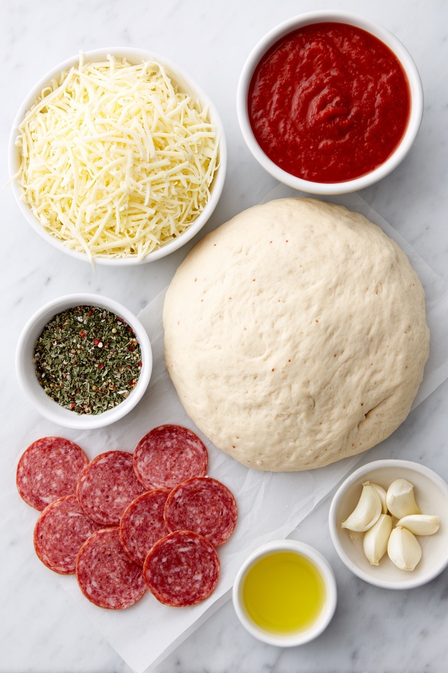 Flat lay of a smooth ball of fresh pizza dough, a small pile of bright red sliced pepperoni, a handful of shredded provolone cheese, a small heap of shredded whole milk mozzarella, grated parmesan cheese in a small mound, a small white bowl filled with vibrant red marinara sauce, a small white bowl of extra virgin olive oil, a neat pile of chopped fresh garlic cloves, a small white bowl containing a mix of dried basil, oregano, thyme, rosemary, crushed fennel seed, and red pepper flakes, all arranged symmetrically on a clean white marble surface, soft natural light, photo taken with an iPhone, professional food photography style, fresh ingredients, white ceramic bowls, no bottles, no duplicates, no utensils, no packaging --ar 2:3 --v 7 --p m7354615311229779997