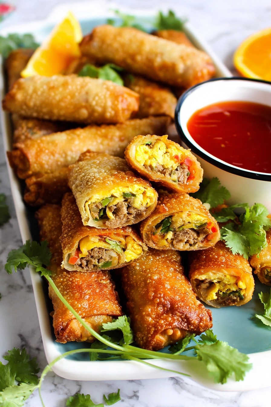 A white rectangular tray filled with ten crispy, golden-brown egg rolls arranged in layers, some of them halved to show a colorful filling of eggs, vegetables, and meat inside. In the center of the tray is a small white cup with black rim holding bright red dipping sauce, with a woman's hand dipping one halved egg roll into it. The tray is garnished with fresh green parsley leaves and two orange slices placed on opposite corners. The background is a white marbled surface. photo taken with an iphone --ar 2:3 --v 7
