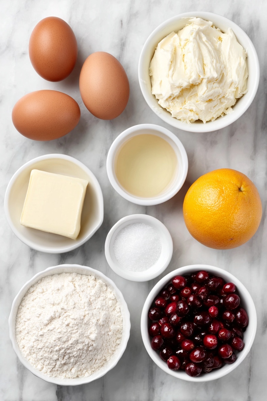Flat lay of two brown eggs with clean shells, a small heap of granulated sugar, a small white ceramic bowl of softened unsalted butter, a small white ceramic bowl of clear vanilla extract, a small white ceramic bowl of clear almond extract, a whole fresh orange with bright orange zest beside it, a small mound of all-purpose flour, a small pinch of kosher salt on the side, and a small white ceramic bowl filled with fresh, plump cranberries, all arranged symmetrically on a clean white marble surface, soft natural light, photo taken with an iPhone, professional food photography style, fresh ingredients, white ceramic bowls, no bottles, no duplicates, no utensils, no packaging --ar 2:3 --v 7 --p m7354615311229779997