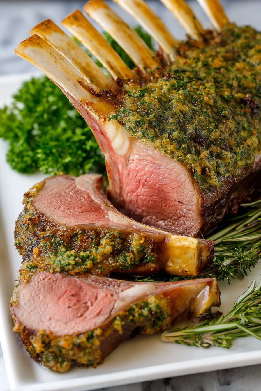A white rectangular plate holds a rack of lamb with the bones extending outward. The rack is topped with a green herb crust, rich in texture and covering the browned exterior. Several lamb chops are sliced and placed in front, showing a pink, juicy center and a browned outer layer. On the side, fresh green herbs including parsley and rosemary add color and freshness. The plate is set on a white marbled surface photo taken with an iphone --ar 2:3 --v 7